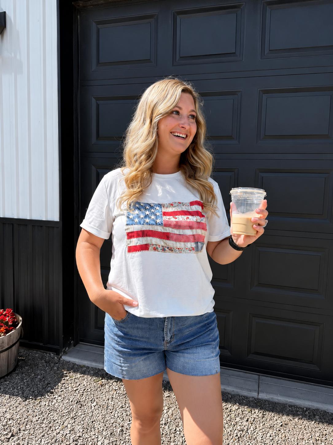 White Faux Patchwork Printed US Flag Casual Tee