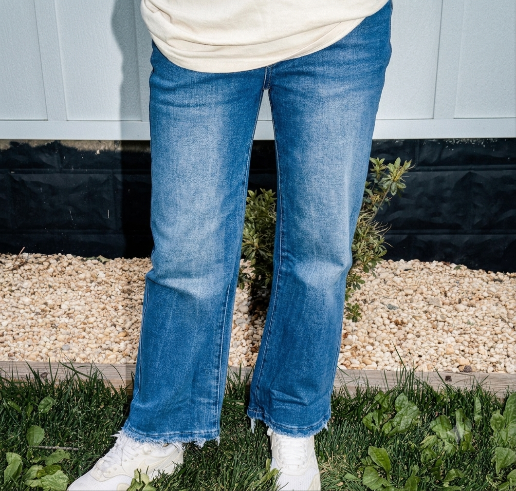 Sail Blue Mineral Wash Raw Hem High Waist Flared Jeans