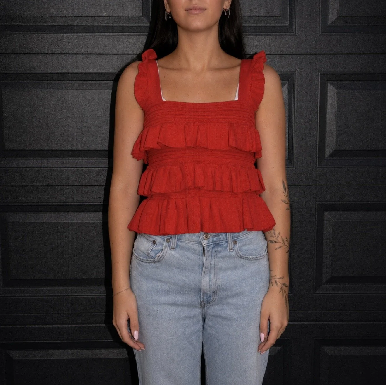 Red Ruffled Knit Sleeveless Top