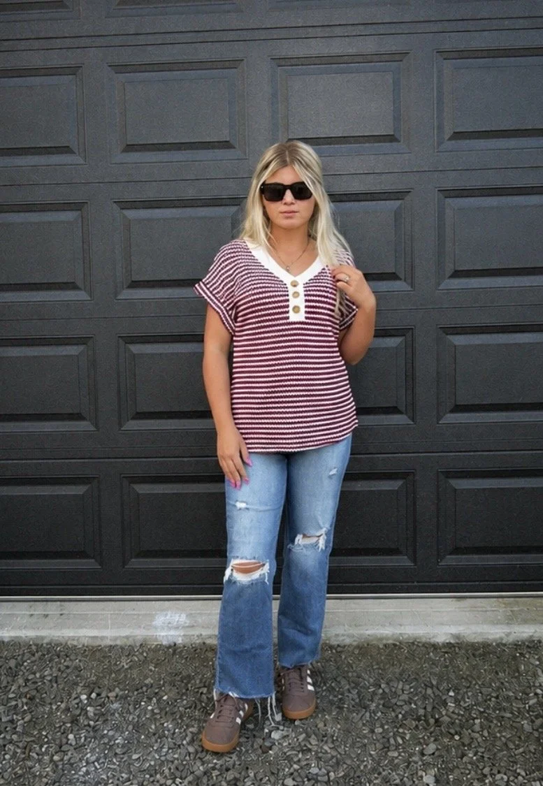 Striped V Neck Button Knit Top