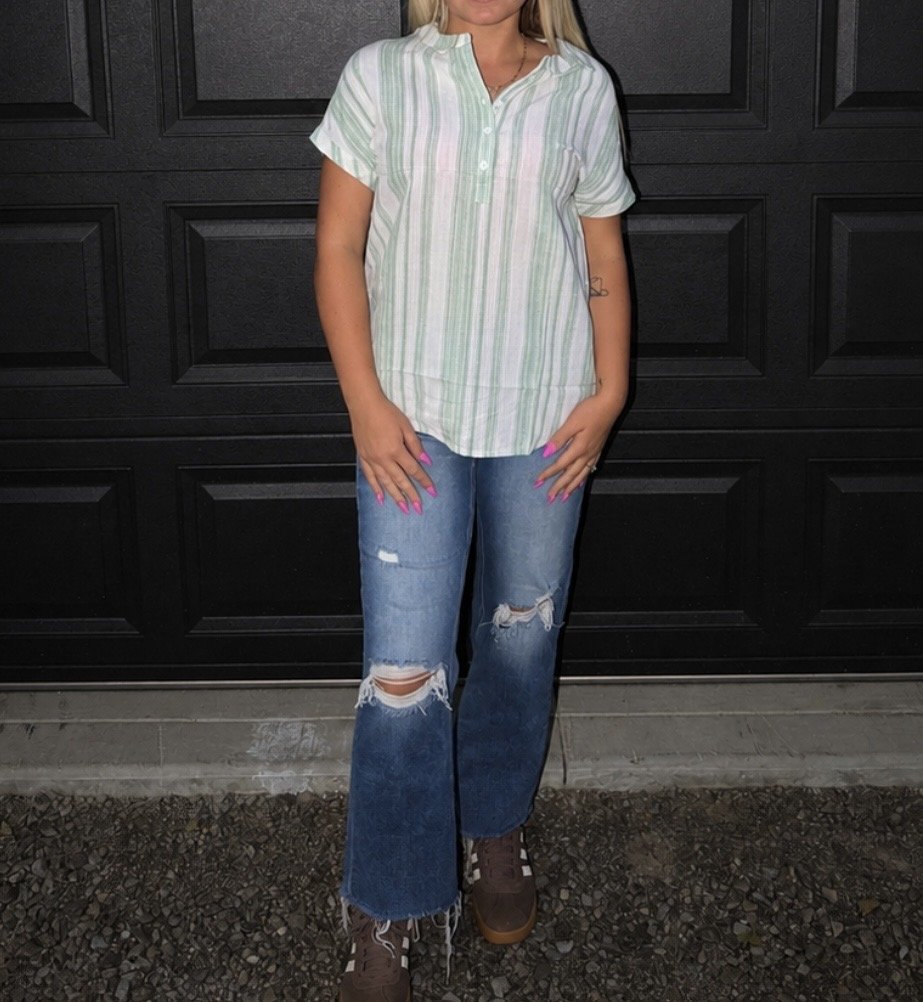 Green  Half Button Short Sleeve Blouse