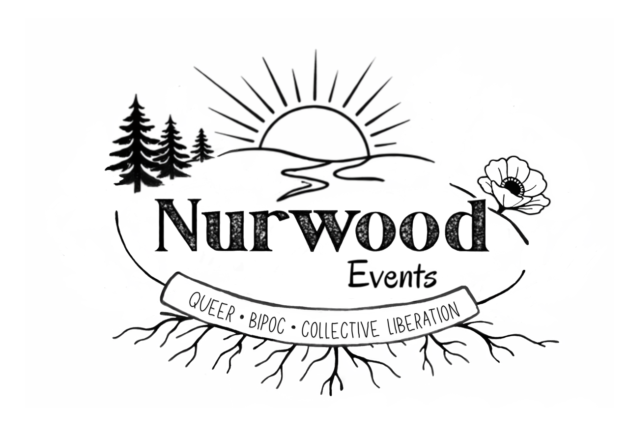 Logo for Nurwood Events, featuring a raising sun, flower, and trees, and the tagline of Queer, BIPOC, Collective, Liberation