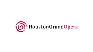 Houston Grand Opera logo, featuring a red swirling circle with the words Houston and Grand in Black, and opera in red.