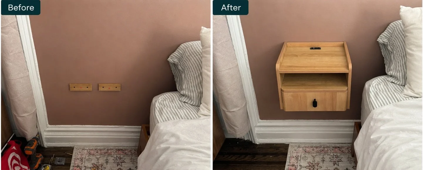 Before and After: Wall with a floating wooden storage box with a lid, bed with striped bedding, small side table, and carpet.