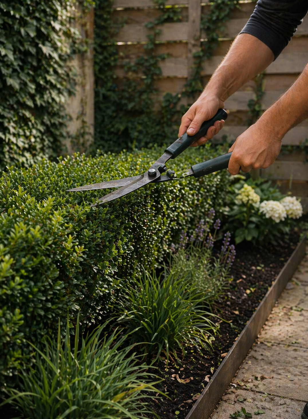 Person trimming a neatly shaped green hedge with garden scissors in a backyard garden.