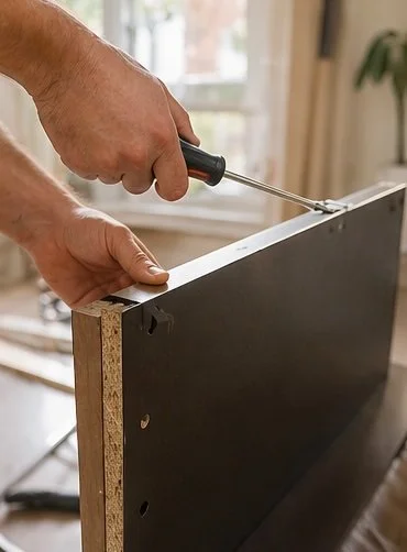 A person using a screwdriver to assemble a piece of furniture indoors.