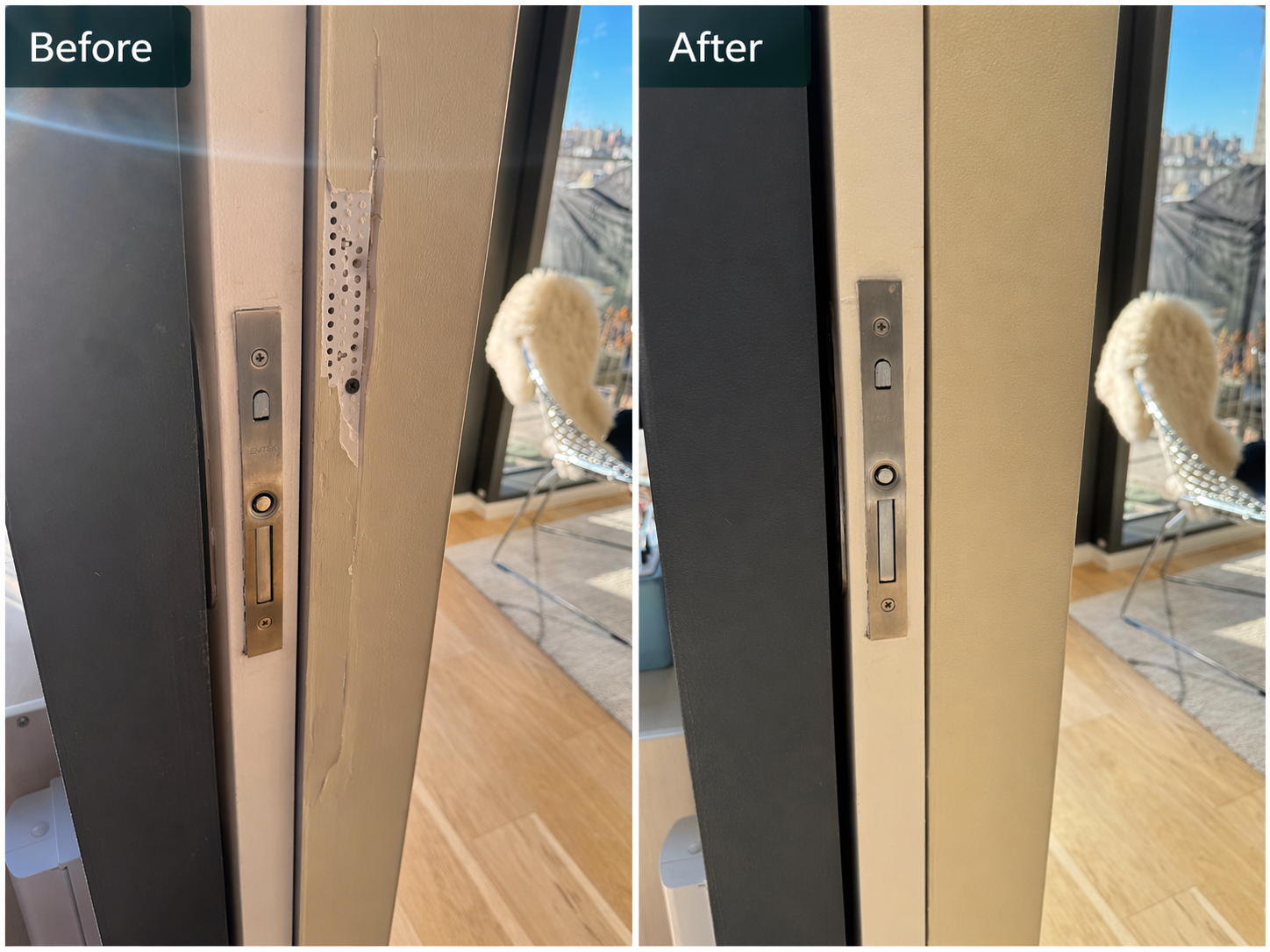 Comparison of a door lock area before and after cleaning, showing removal of dirt and debris around the lock on the door frame.