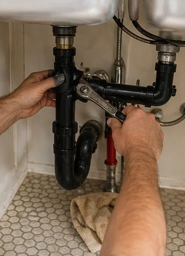 Hands repairing a plumbing pipe beneath a kitchen sink with a wrench.