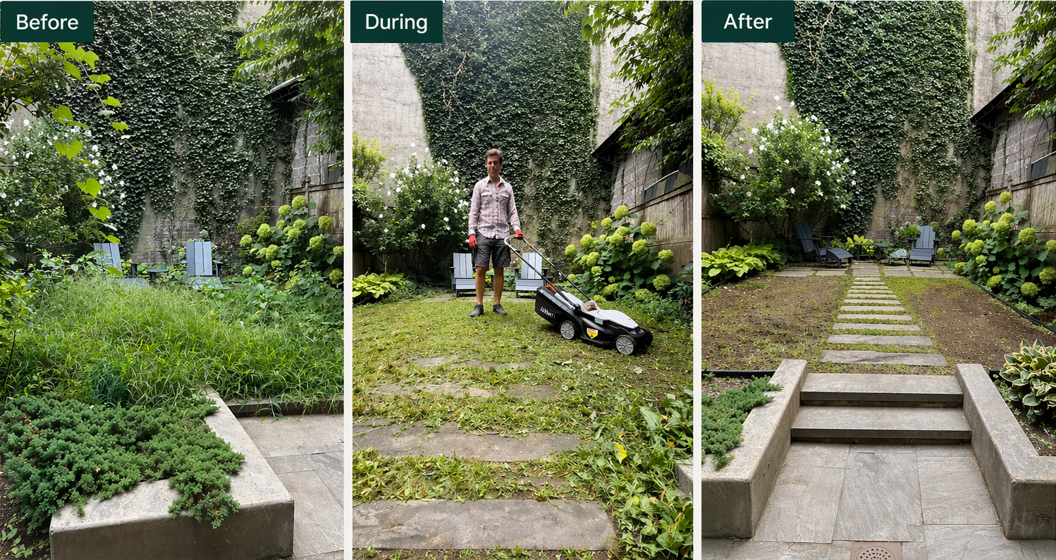 The image shows a three-panel comparison of a backyard garden. The first panel labeled 'Before' shows overgrown plants and weeds. The second panel labeled 'During' shows a person using a lawnmower to trim the grass. The third panel labeled 'After' shows a clean, neatly maintained garden with a stone pathway and landscaped plants.