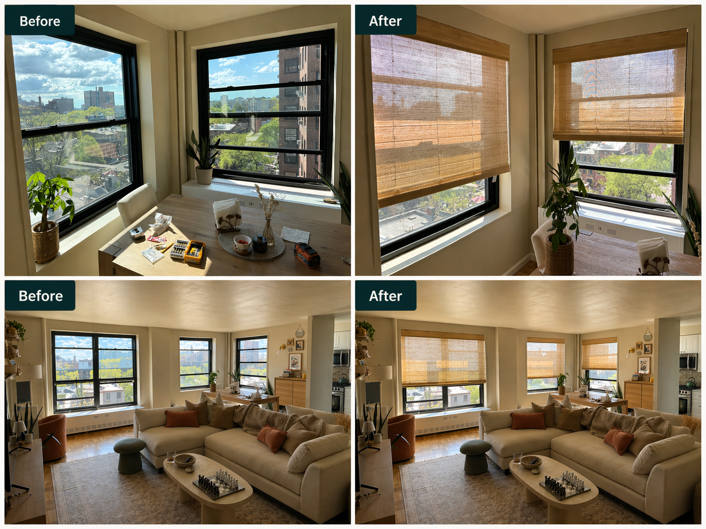 Comparison of a studio apartment before and after installing bamboo blinds on the windows. In the 'before' images, the apartment is brightly lit with large open windows, while in the 'after' images, bamboo blinds are partially drawn, creating a warmer, softer lighting effect.