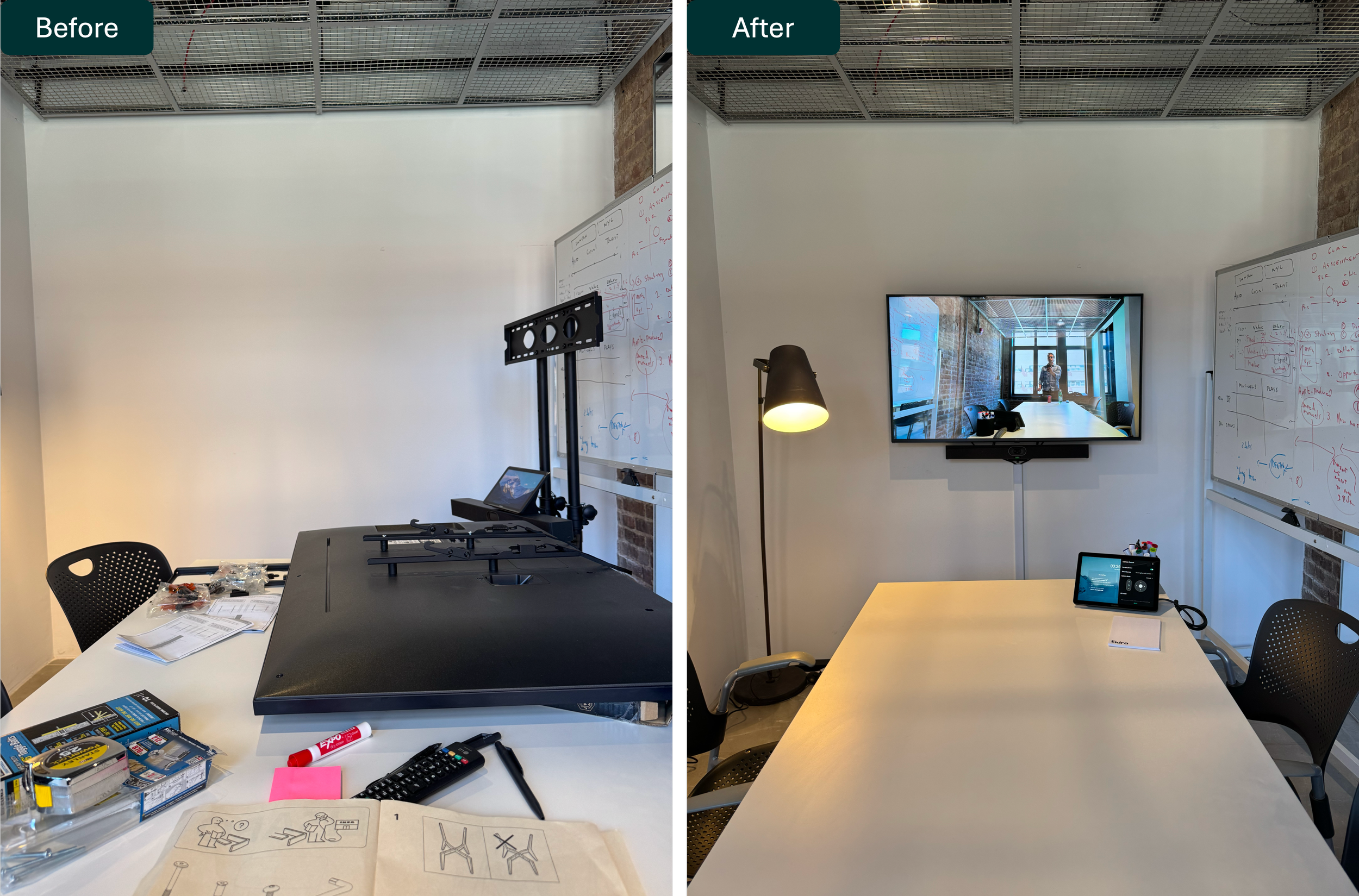 Comparison of an office space before and after cleaning. The 'Before' side shows a cluttered table with office supplies and a dissected device, while the 'After' side shows a tidy table with a mounted TV and cleaned up cables.