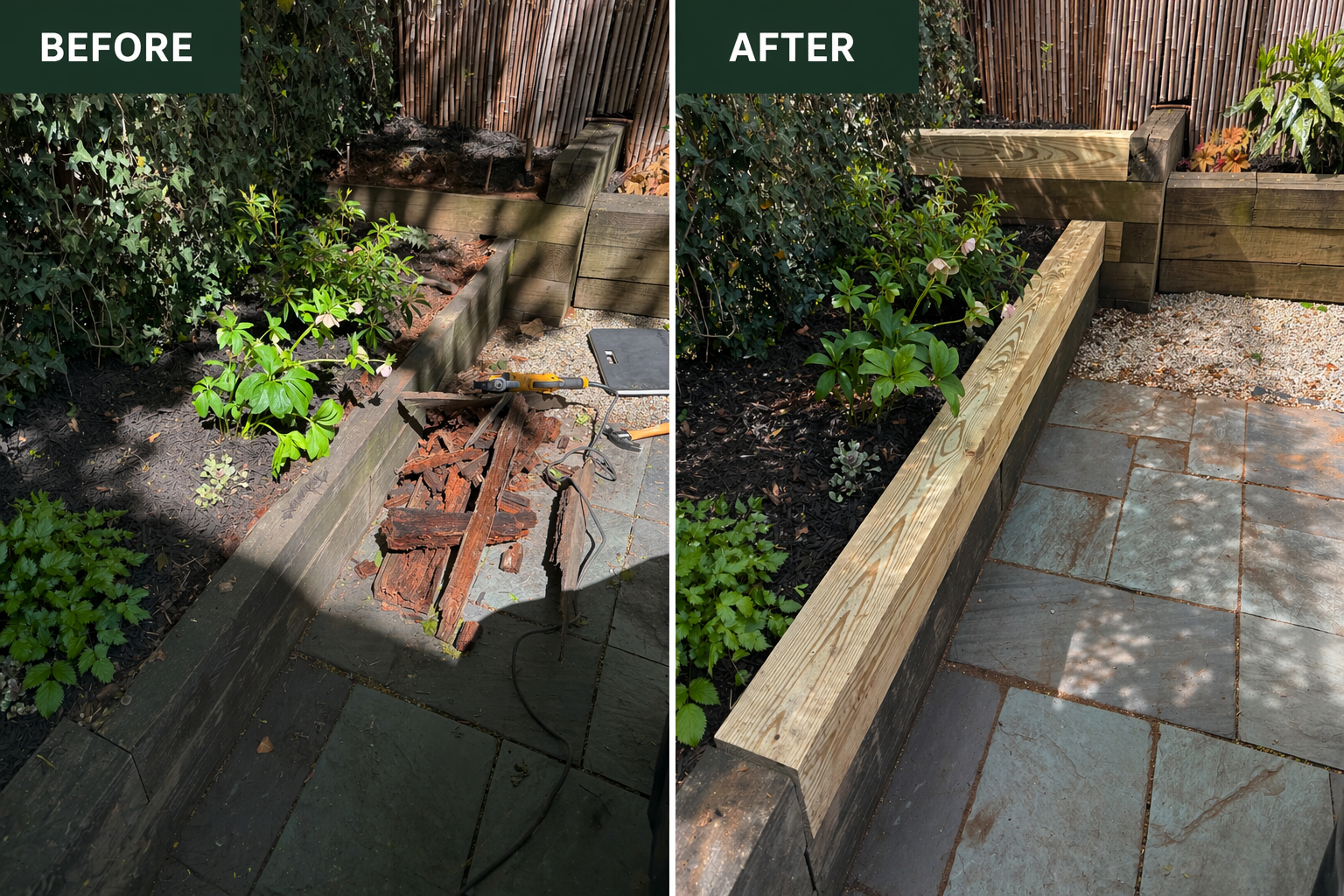 Side-by-side comparison of a garden bed before and after having new wooden landscaping timbers installed. The 'before' side shows old damaged wood, tools, and debris; the 'after' side shows clean wood and completed planting area with paving stones.