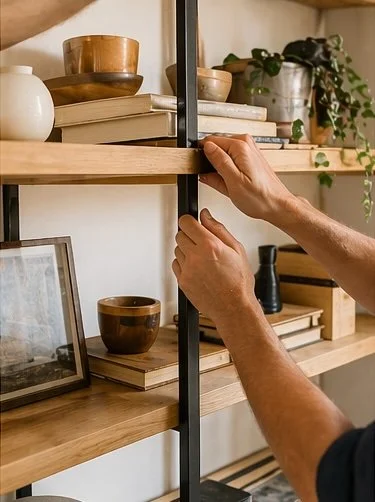 Person adjusting a black metal shelf bracket on a wooden bookshelf filled with books, tables, and decorative items.