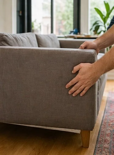 Person moving or adjusting a gray fabric sofa in a living room with a wooden floor and large windows.