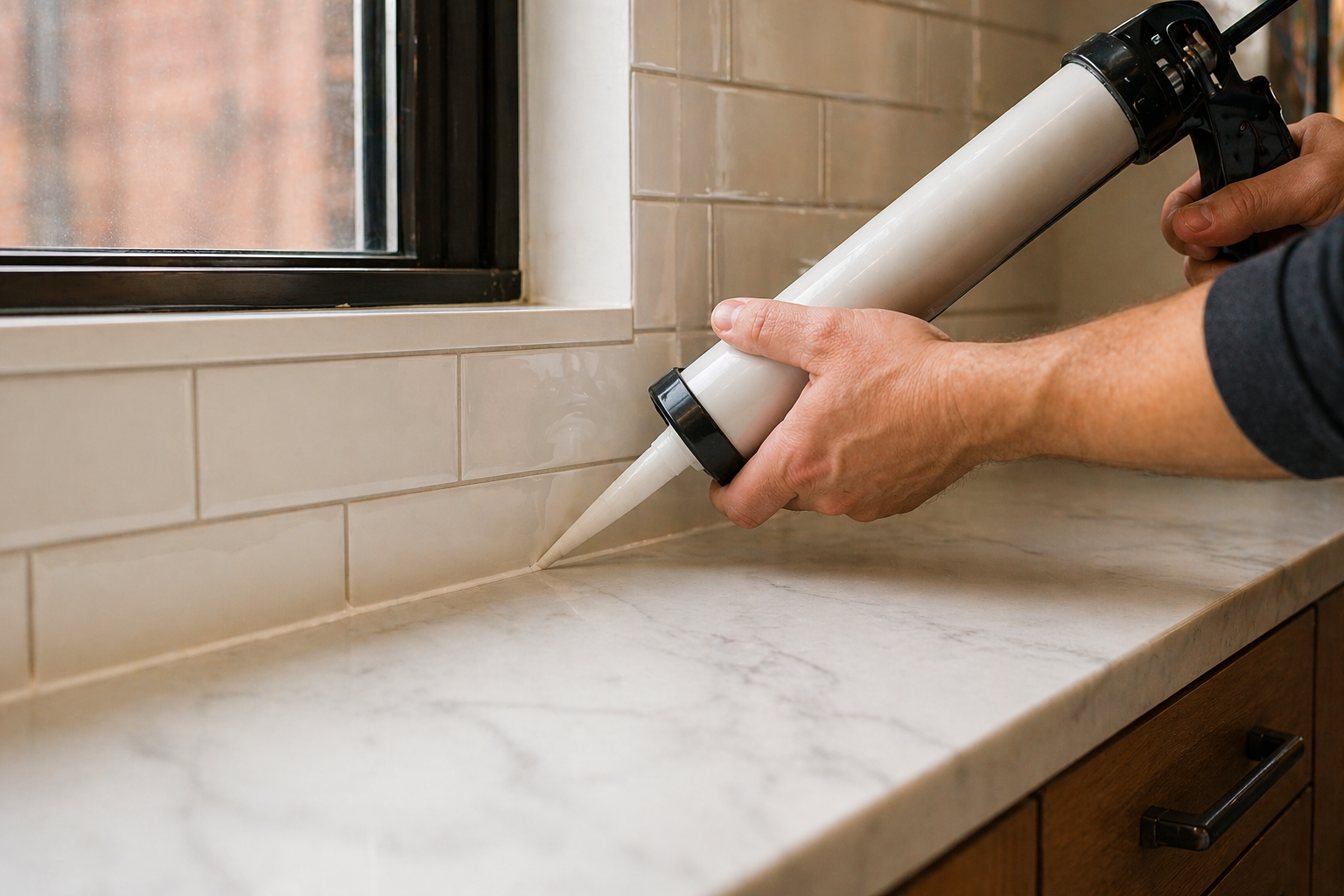 Person using a caulking gun to apply sealant along the edge of a kitchen countertop near a window.
