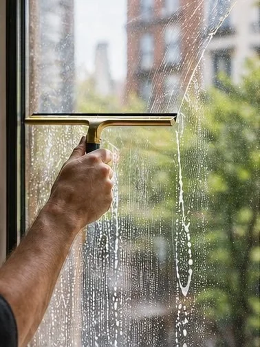 Person cleaning a window with a squeegee during the daytime.