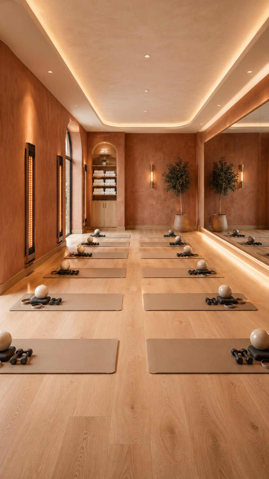 A serene yoga studio with twelve yoga mats neatly arranged on a light wood floor, each set with a large white ball, a small bowl, and a pair of dumbbells. The room has warm, earthy tones with a ceiling illuminated by soft, indirect lighting. There are tall windows on the left, potted plants, and a large mirror on the right wall.