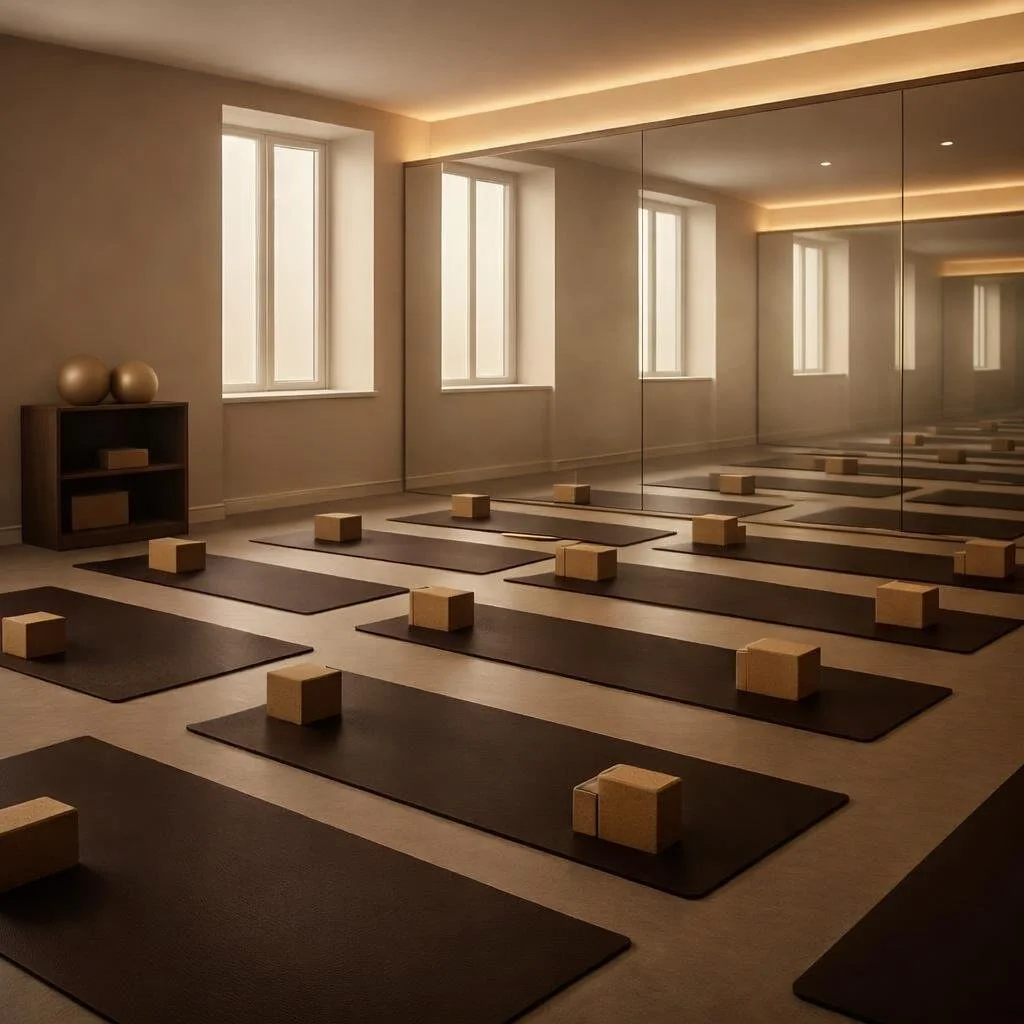 A peaceful yoga studio with black mats aligned on the wooden floor, yoga blocks on each mat, and a mirrored wall reflecting more mats and windows with natural light.