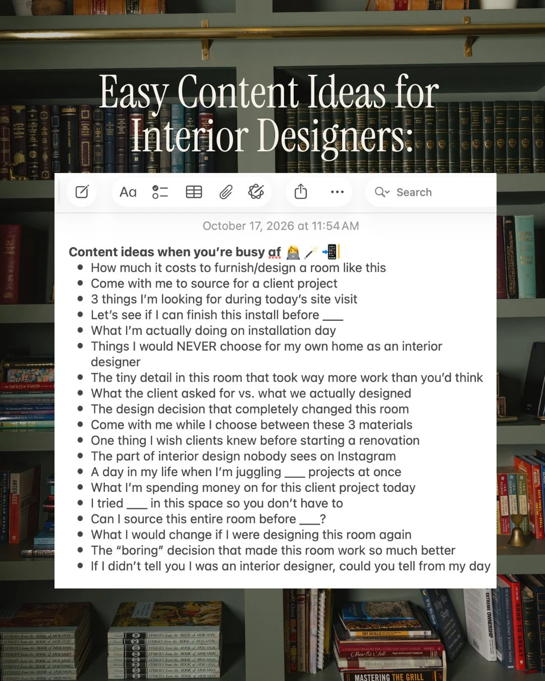 Interior Designers!!!! Here are some really easy content ideas for when you are busy!! The first page has ideas specific to your work. The second page was inspired by creator and social media agency owner @tessbarclay. She knows what's up! Give her a