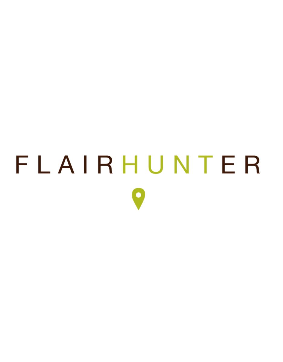 Logo for Flair Hunter with a stylized deer or animal head and the words 'Flair Hunter' below, with a location pin icon beneath the text.