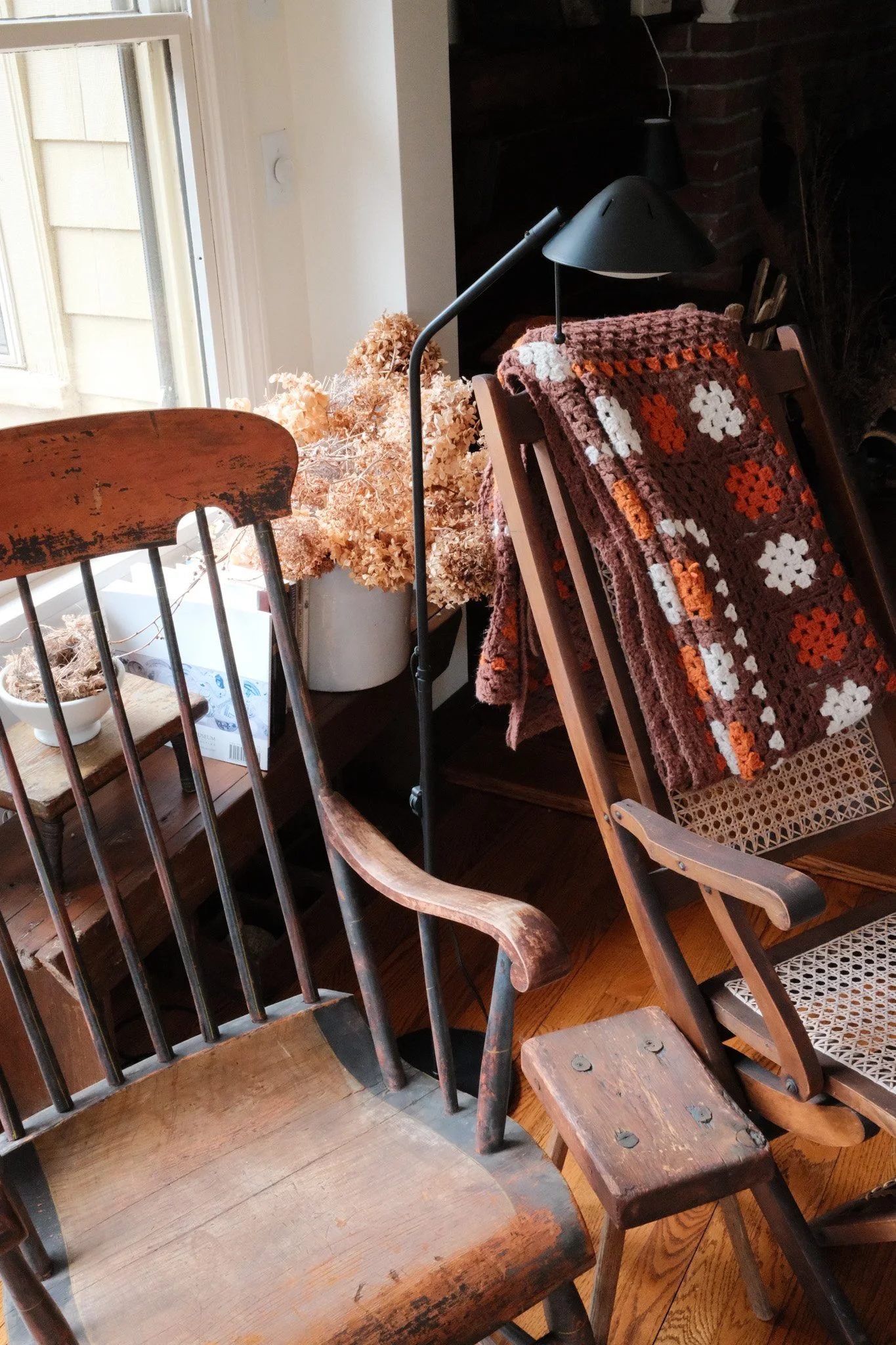 Two antique chairs and lamp