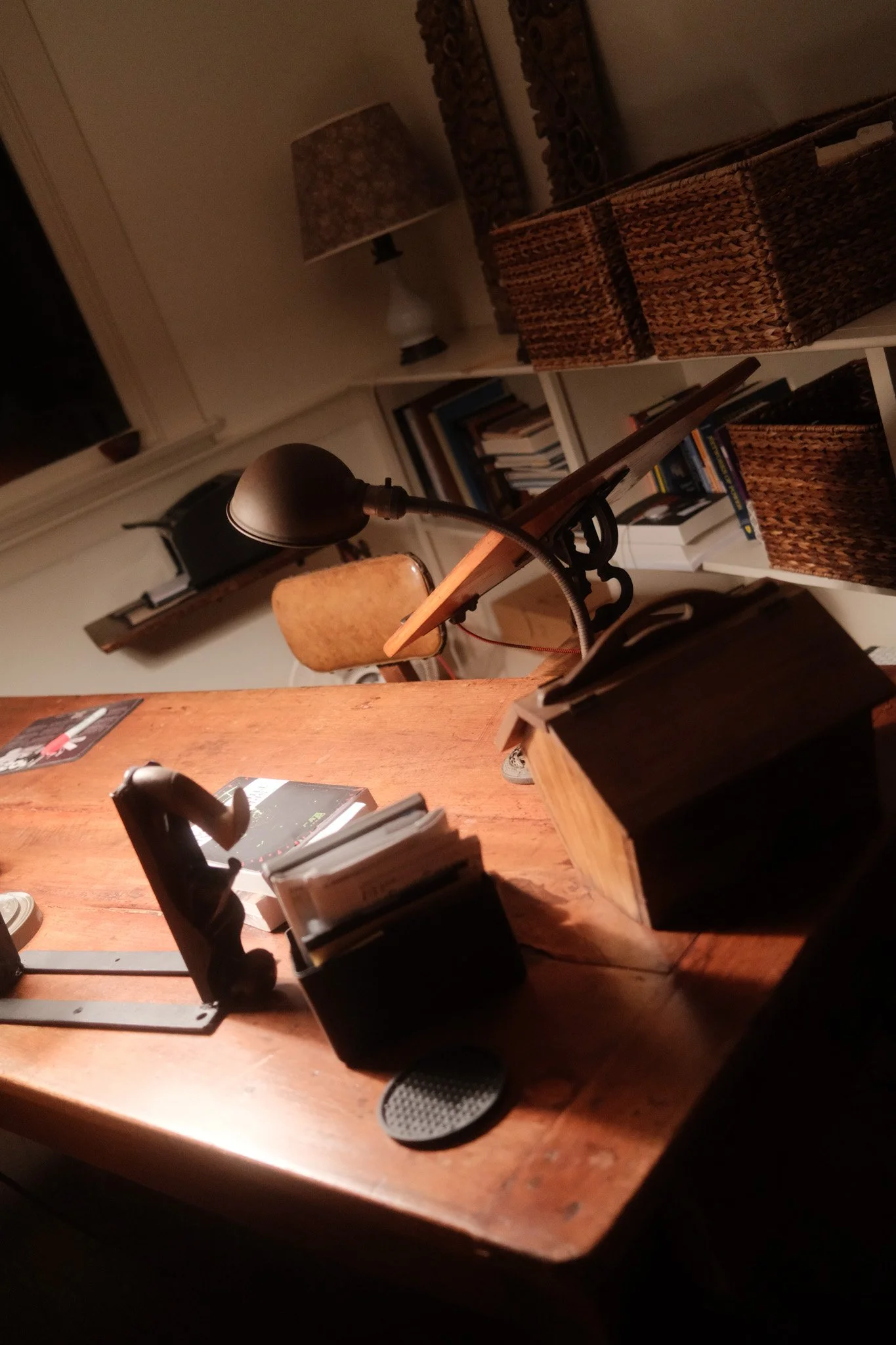 Table with lit lamp