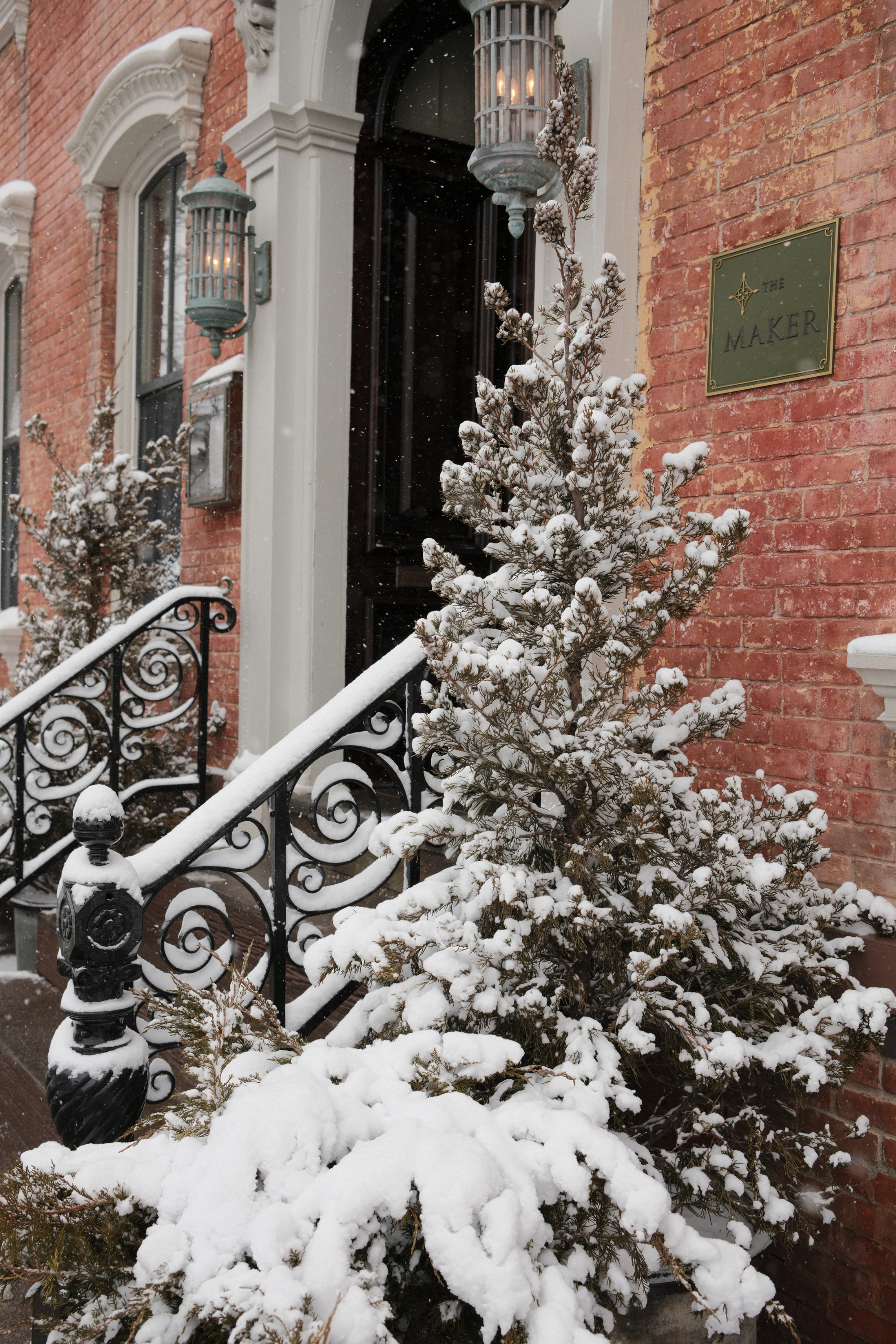 The Maker Hotel entrance with snowfall