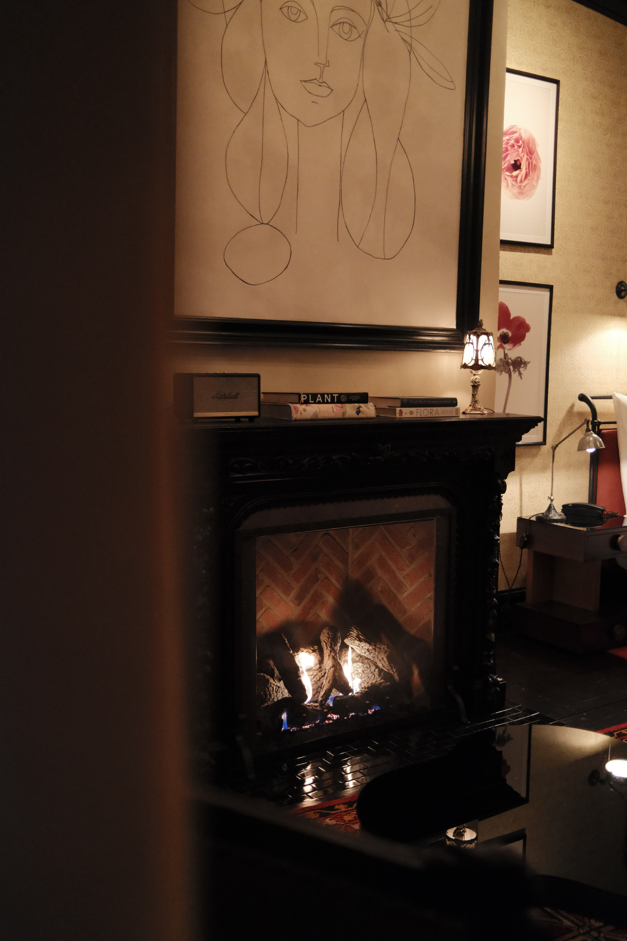 Fireplace and artwork