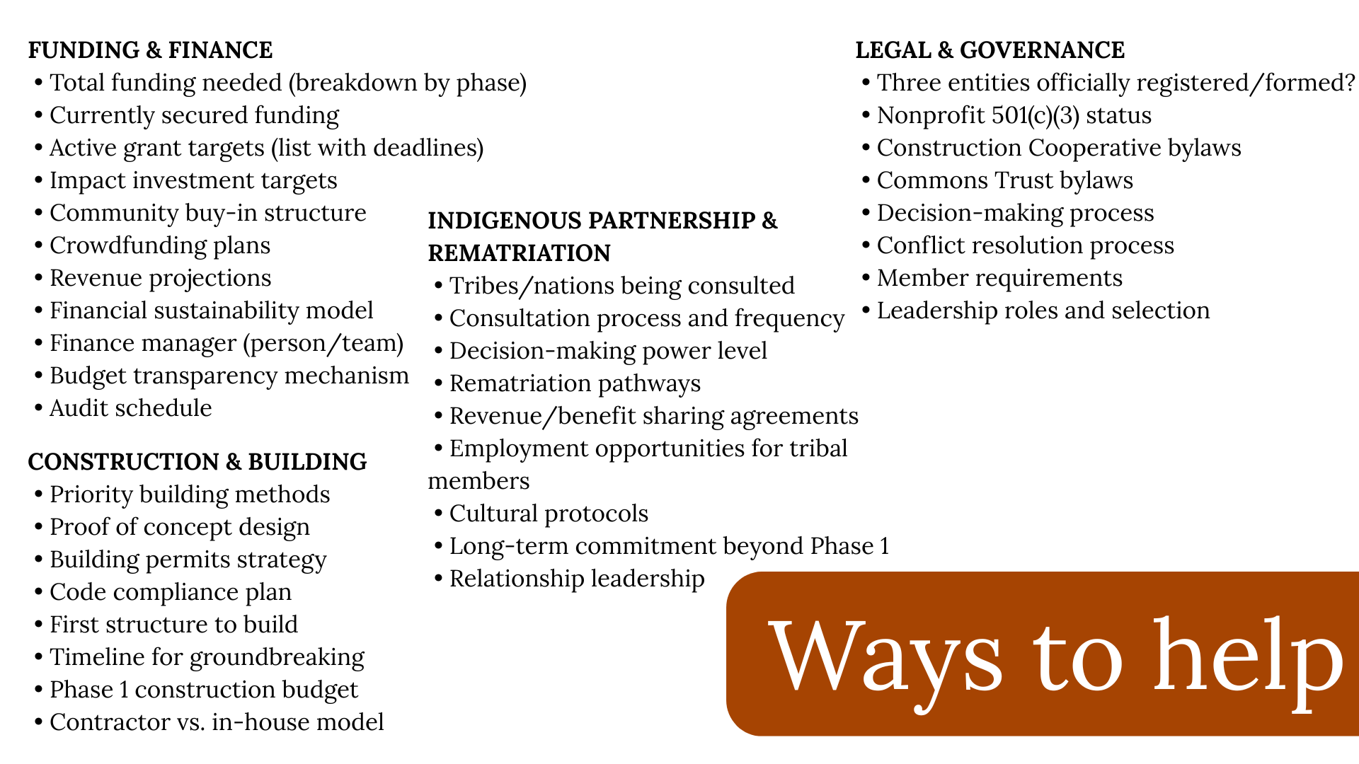 A section of a document with categories including Funding & Finance, Indigenous Partnership & Rematriation, Construction & Building, and Legal & Governance, listing bullet points under each category related to project planning, funding, legal status, and partnership protocols.