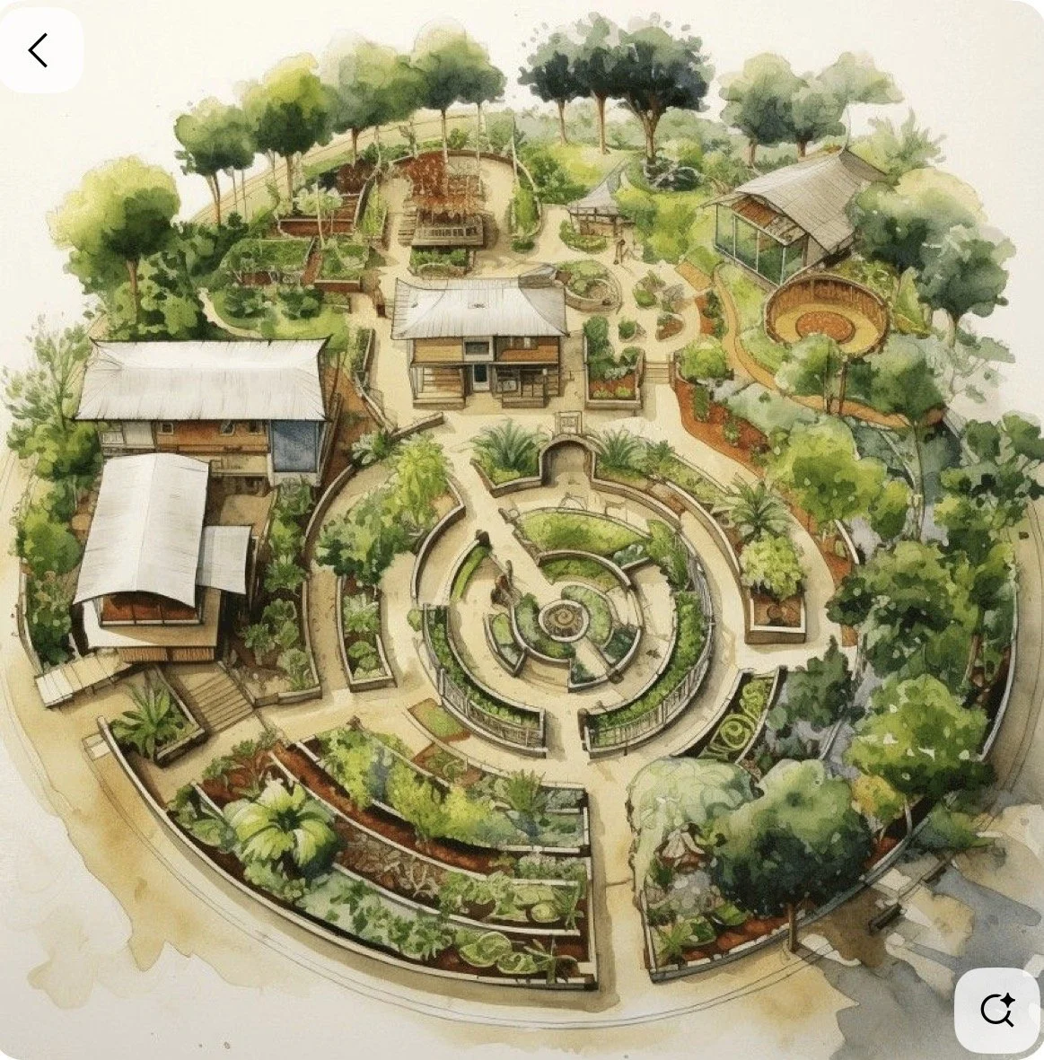 A watercolor illustration of a community garden with pathways, trees, raised beds, greenery, and small structures. An AI generated photo meant to give ideas to what is possible.