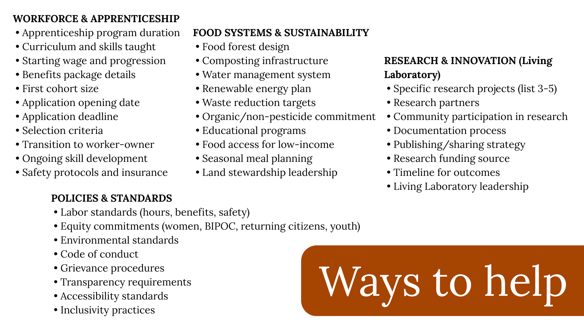 A document with sections on workforce and apprenticeship, policies and standards, food systems and sustainability, and research and innovation, including bullet points about program details, standards, environmental goals, policies, and research projects.