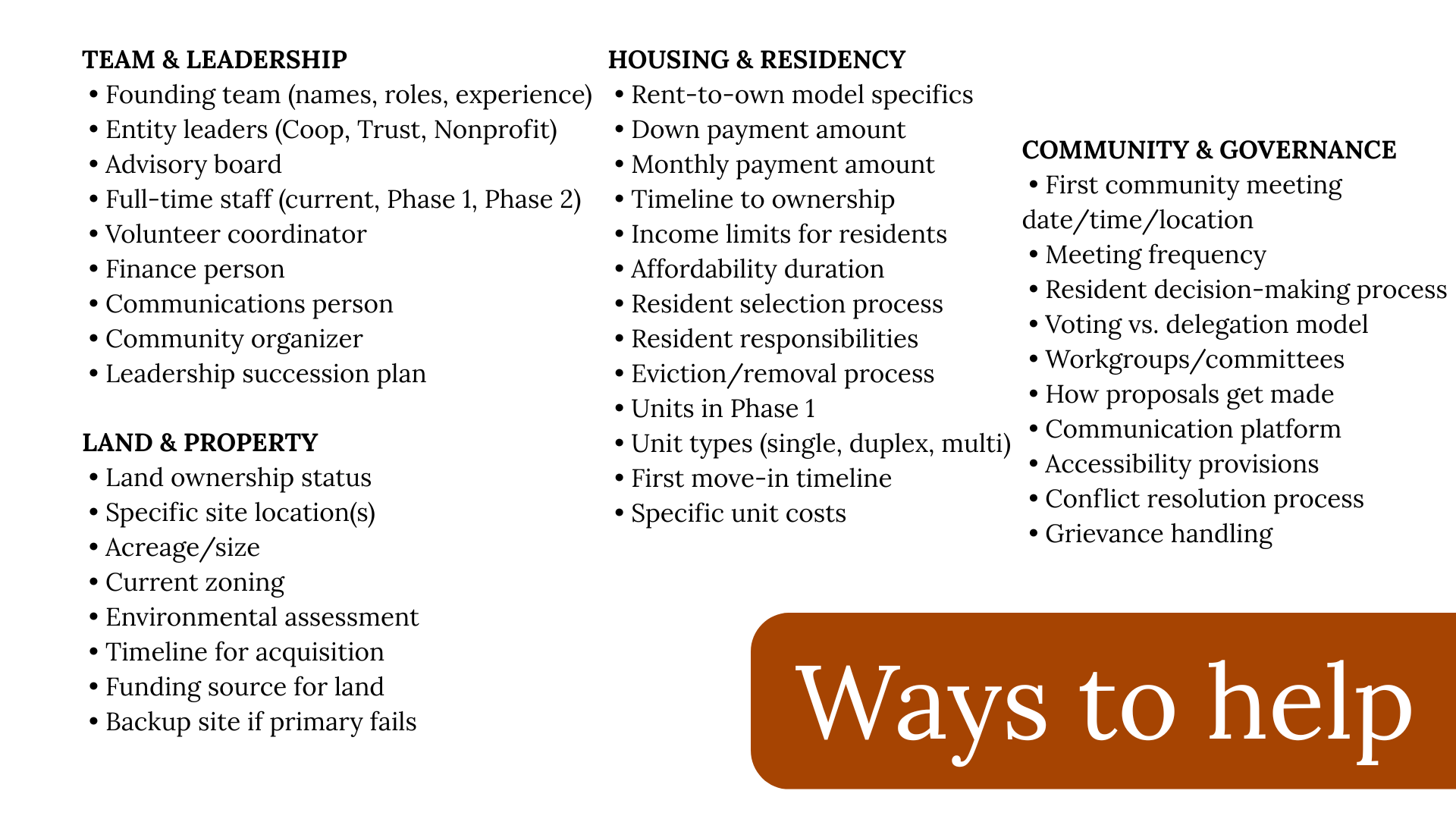 Summary of a presentation on community housing development topics, including team leadership, land and property considerations, housing models, community governance, and ways to help.