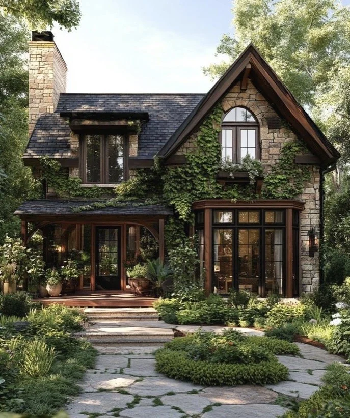 A charming two-story house with stone and wood exterior, green ivy climbing the walls, large windows, and a landscaped front yard with stone pathway and lush greenery. A photo example of what we could build together.
