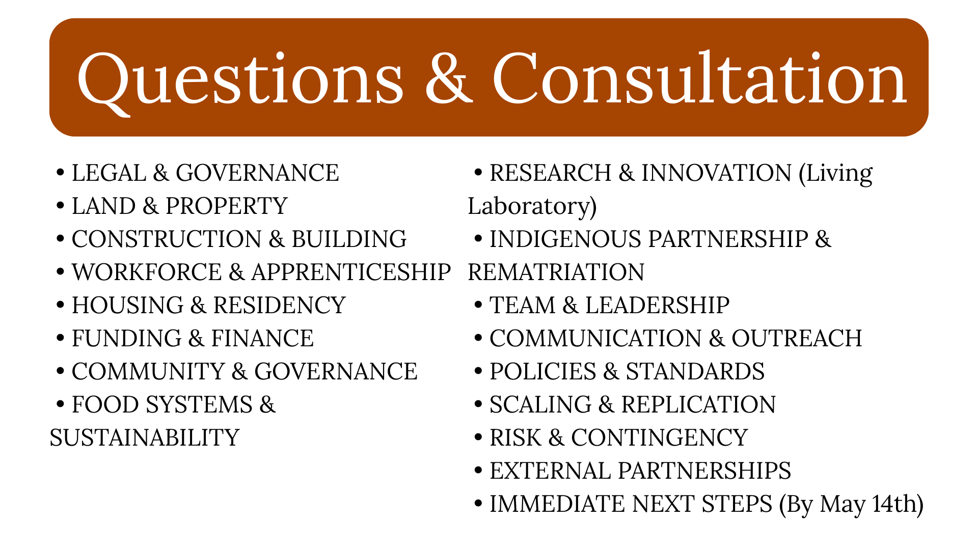 A graphic titled 'Questions & Consultation' with a brown background. It lists various topics including legal governance, land property, construction, workforce, housing, funding, community, food systems, research, indigenous partnership, team leadership, communication, policies, scaling, risk, external partnerships, and immediate next steps.