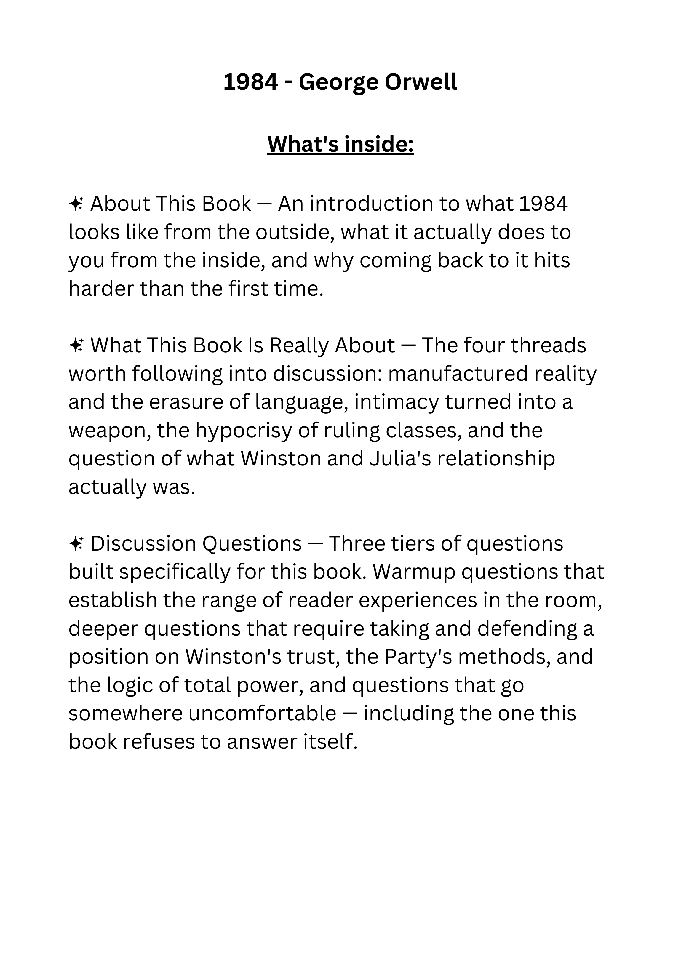 1984 by George Orwell discussion guide for book clubs, classrooms, and dystopian literature readers