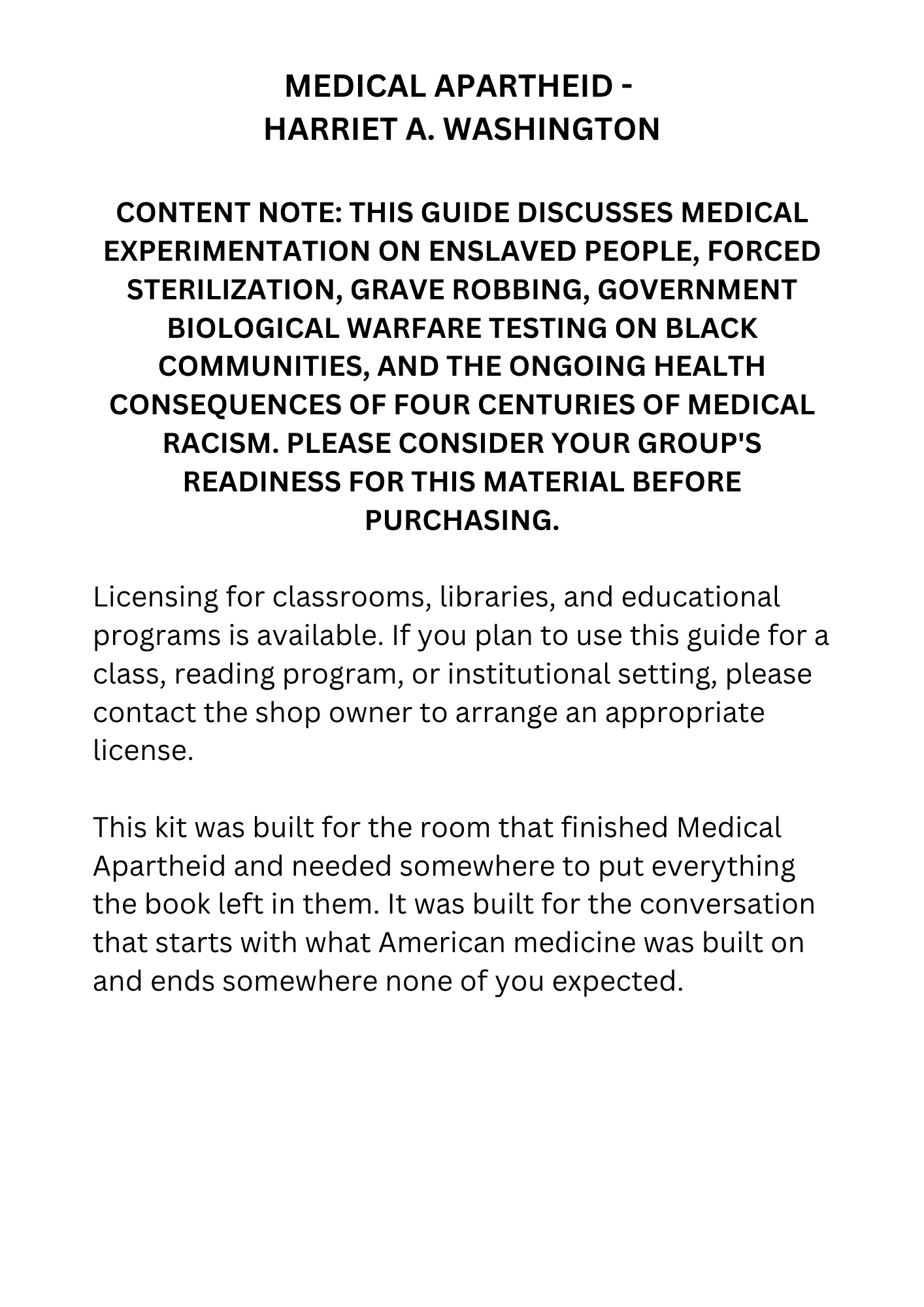 Medical Apartheid book club discussion guide for nonfiction readers, classrooms, and study groups