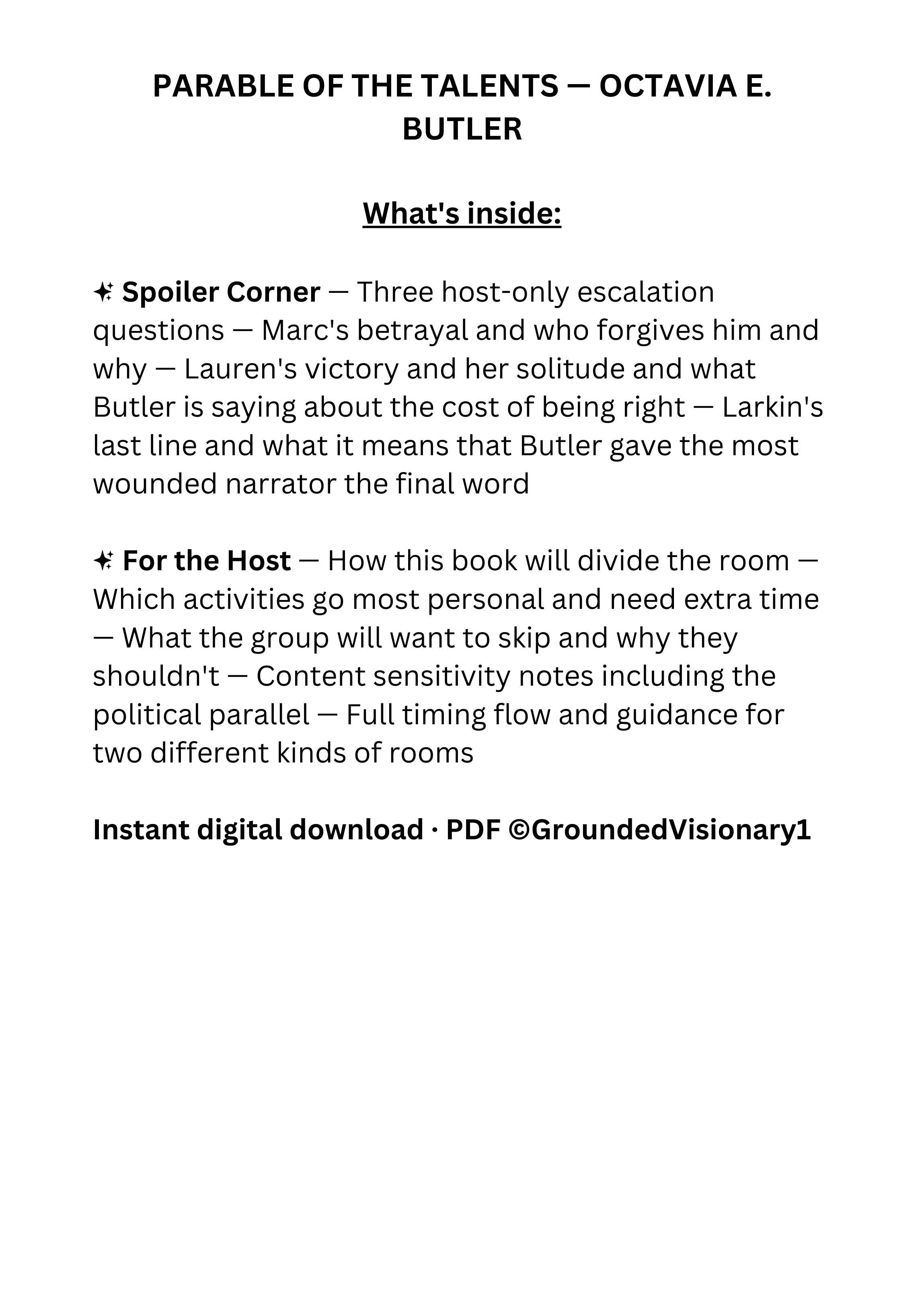 Parable of the Talents book club discussion guide for dystopian fiction readers and book clubs