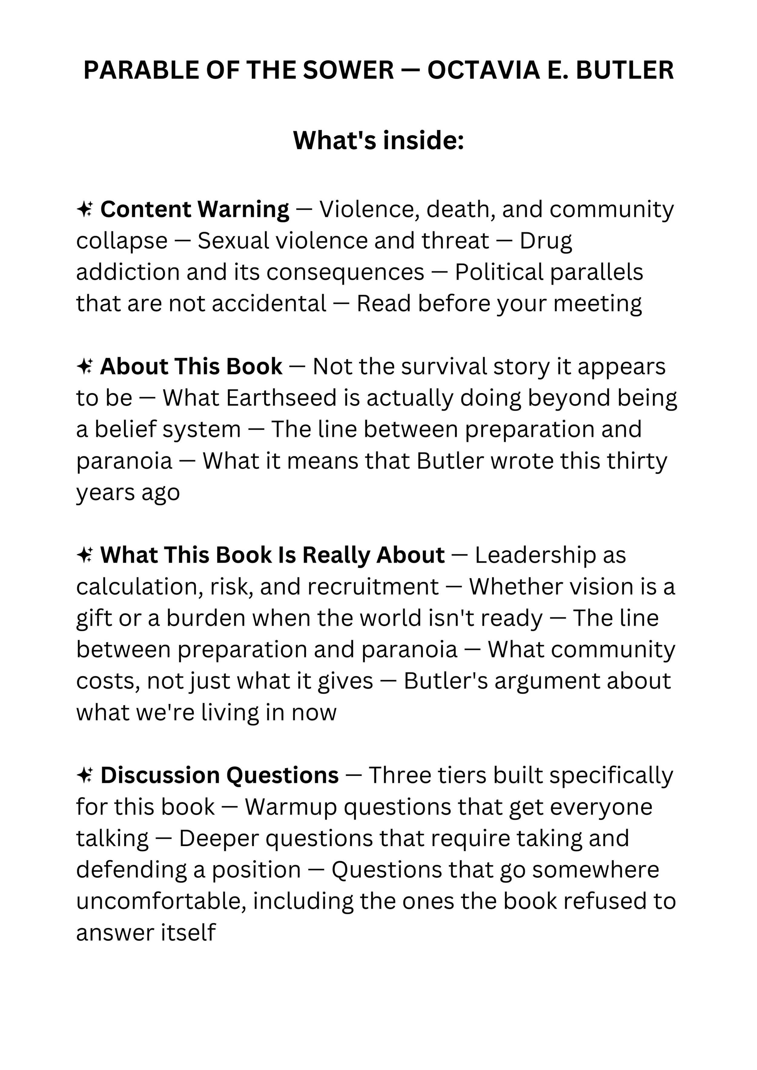 Parable of the Sower book club discussion guide for dystopian fiction readers and book clubs