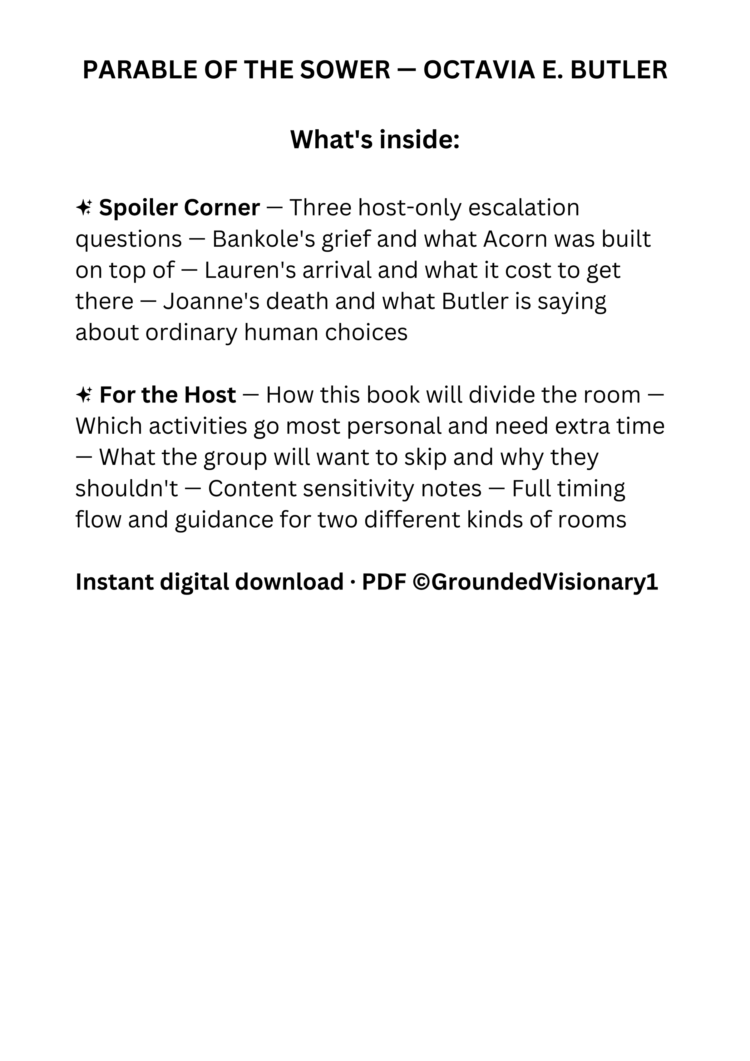 Parable of the Sower book club discussion guide for dystopian fiction readers and book clubs