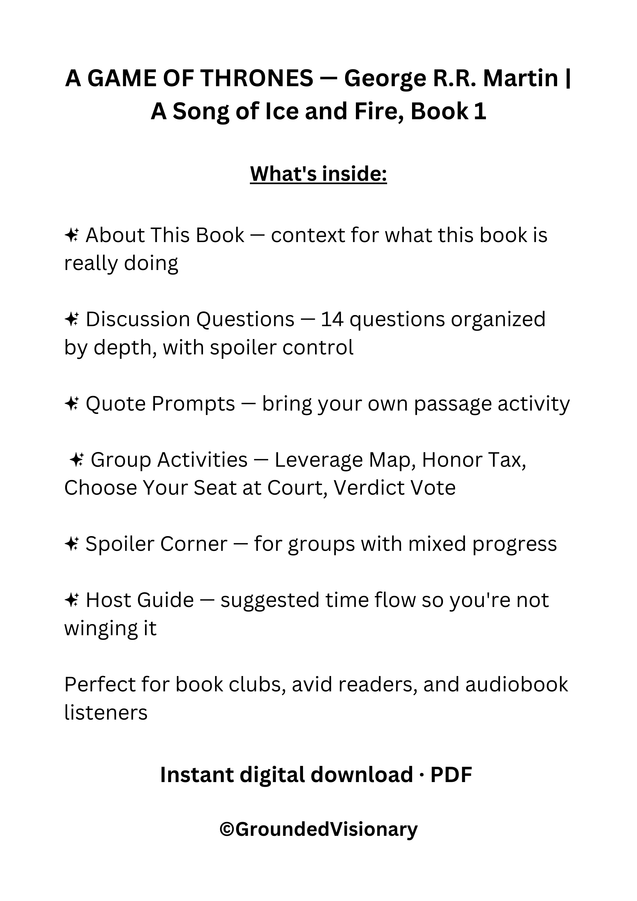 A Game of Thrones by George RR Martin discussion guide for book clubs, classrooms, and literary fiction readers