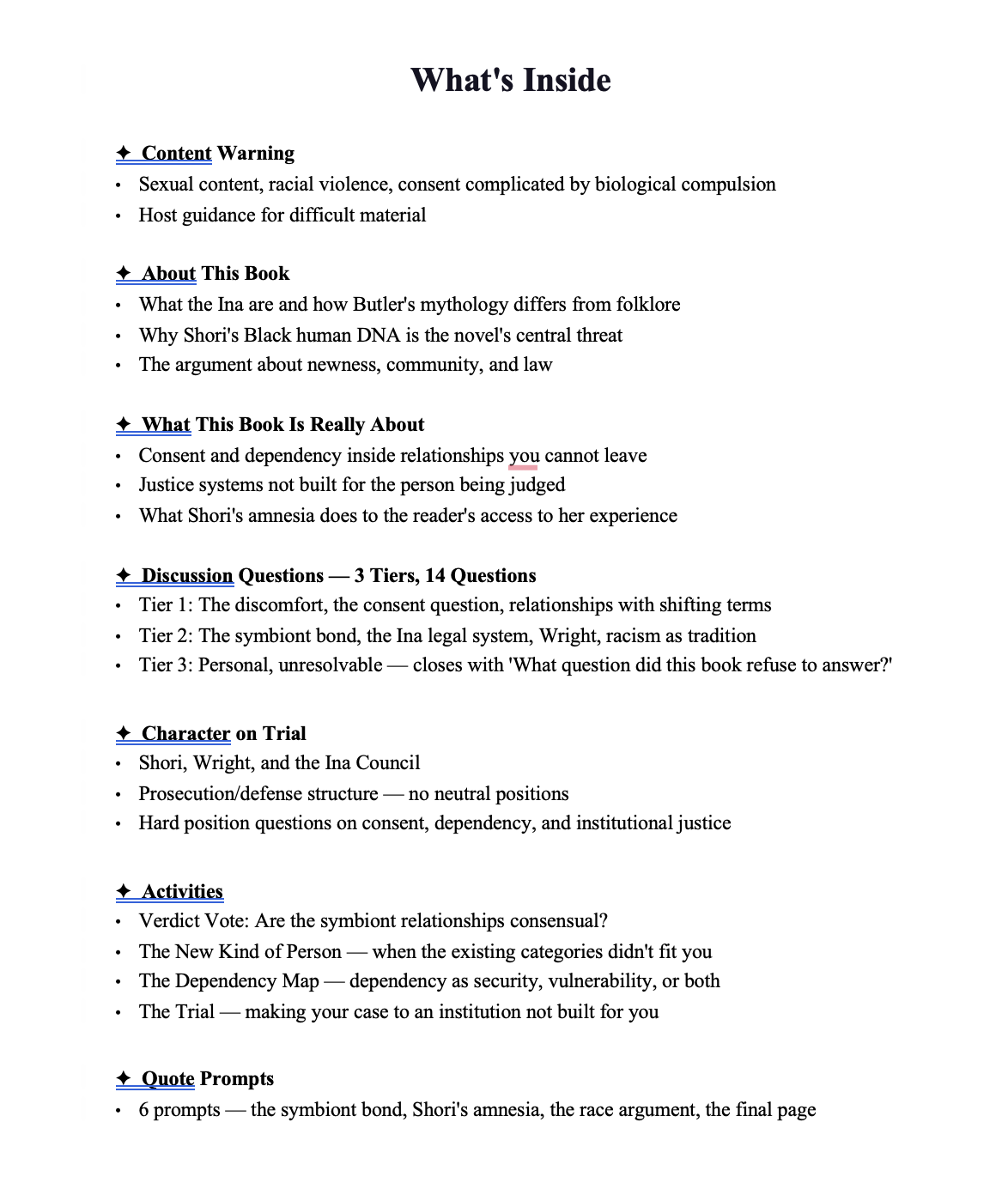 Book club discussion guide for Fledgling by Octavia E. Butler — PDF instant download from GroundedVisionary
