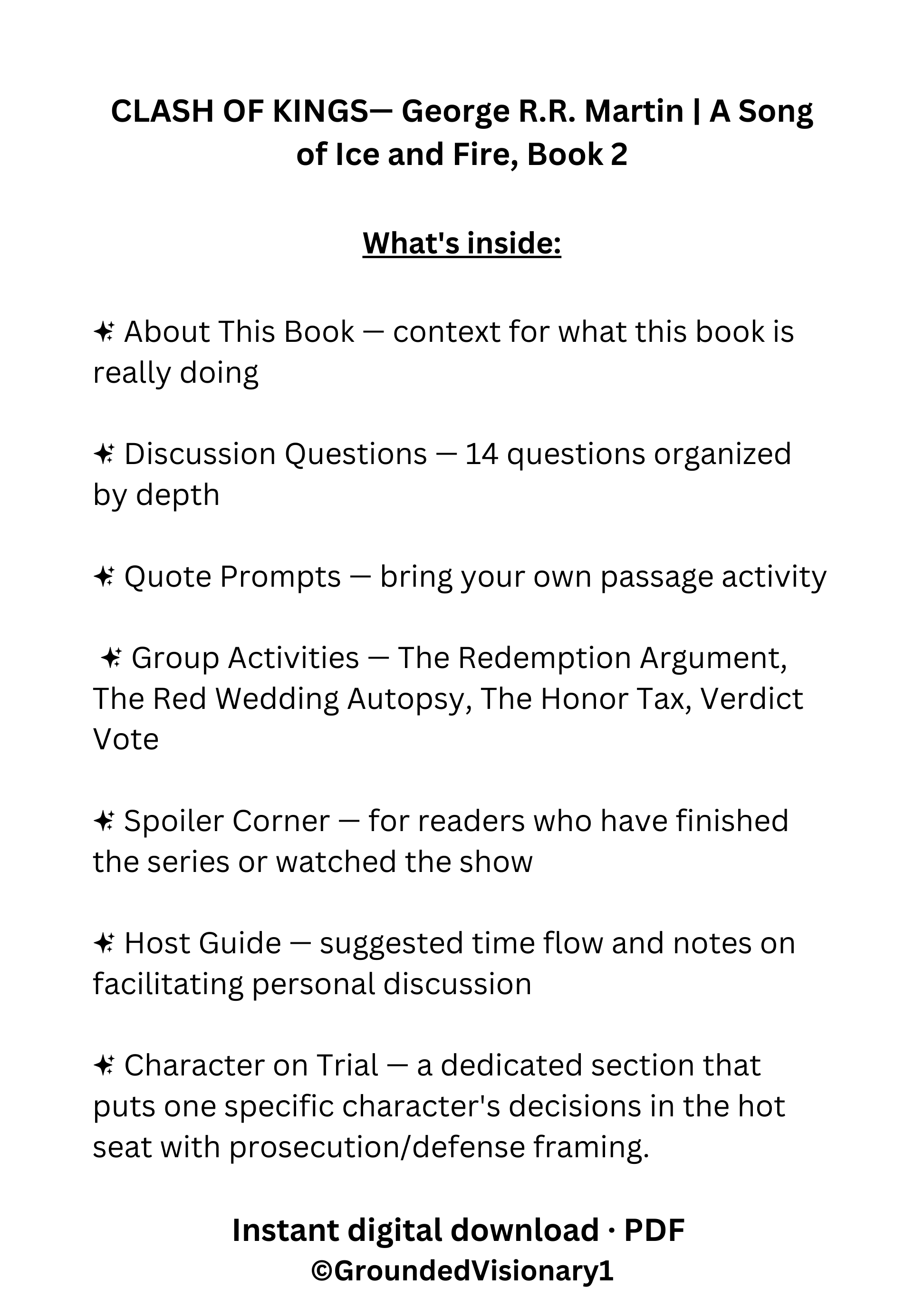 A Clash of Kings by George RR Martin discussion guide for book clubs, classrooms, and literary fiction readers