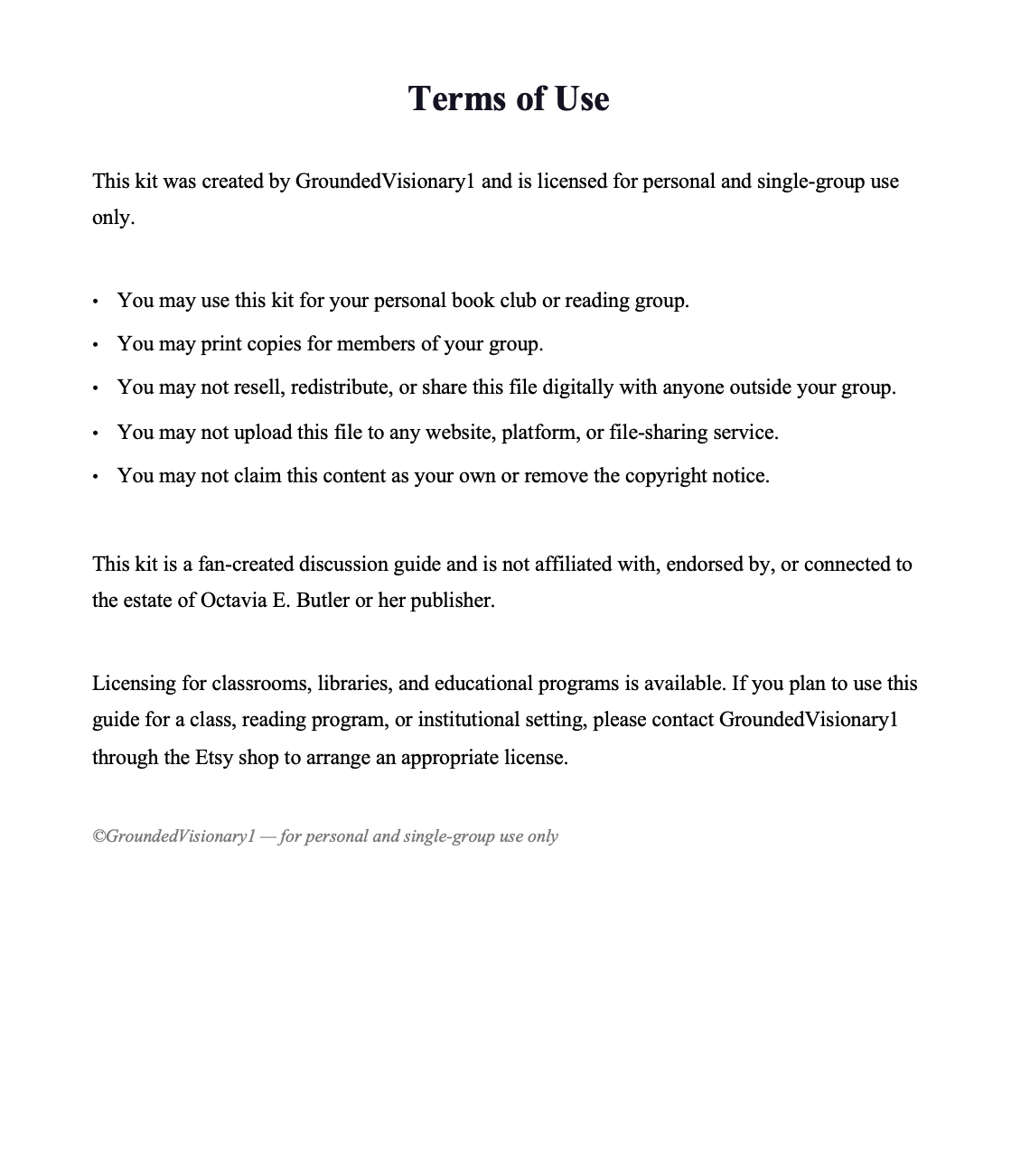 Book club discussion guide for Fledgling by Octavia E. Butler — PDF instant download from GroundedVisionary