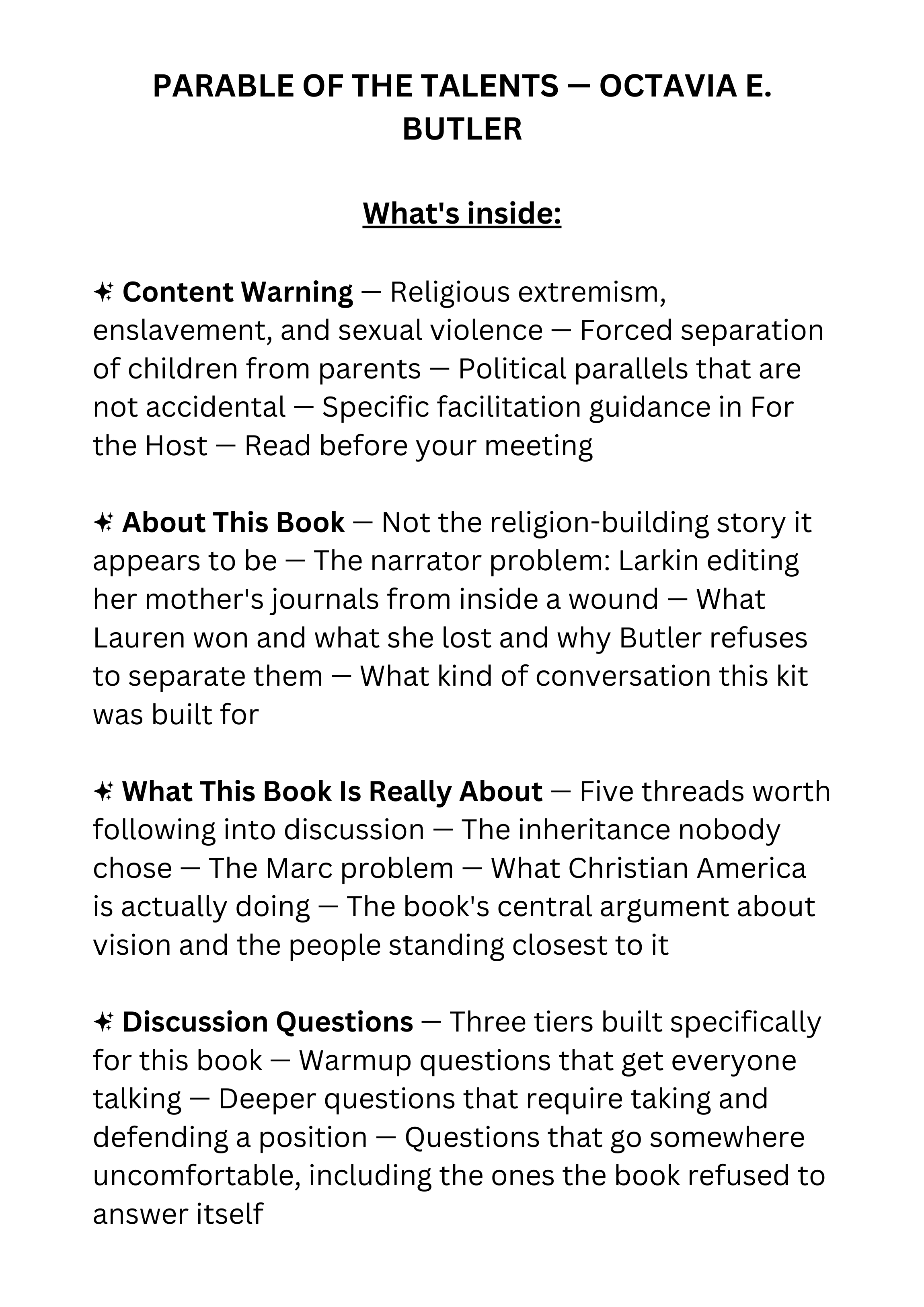 Parable of the Talents book club discussion guide for dystopian fiction readers and book clubs