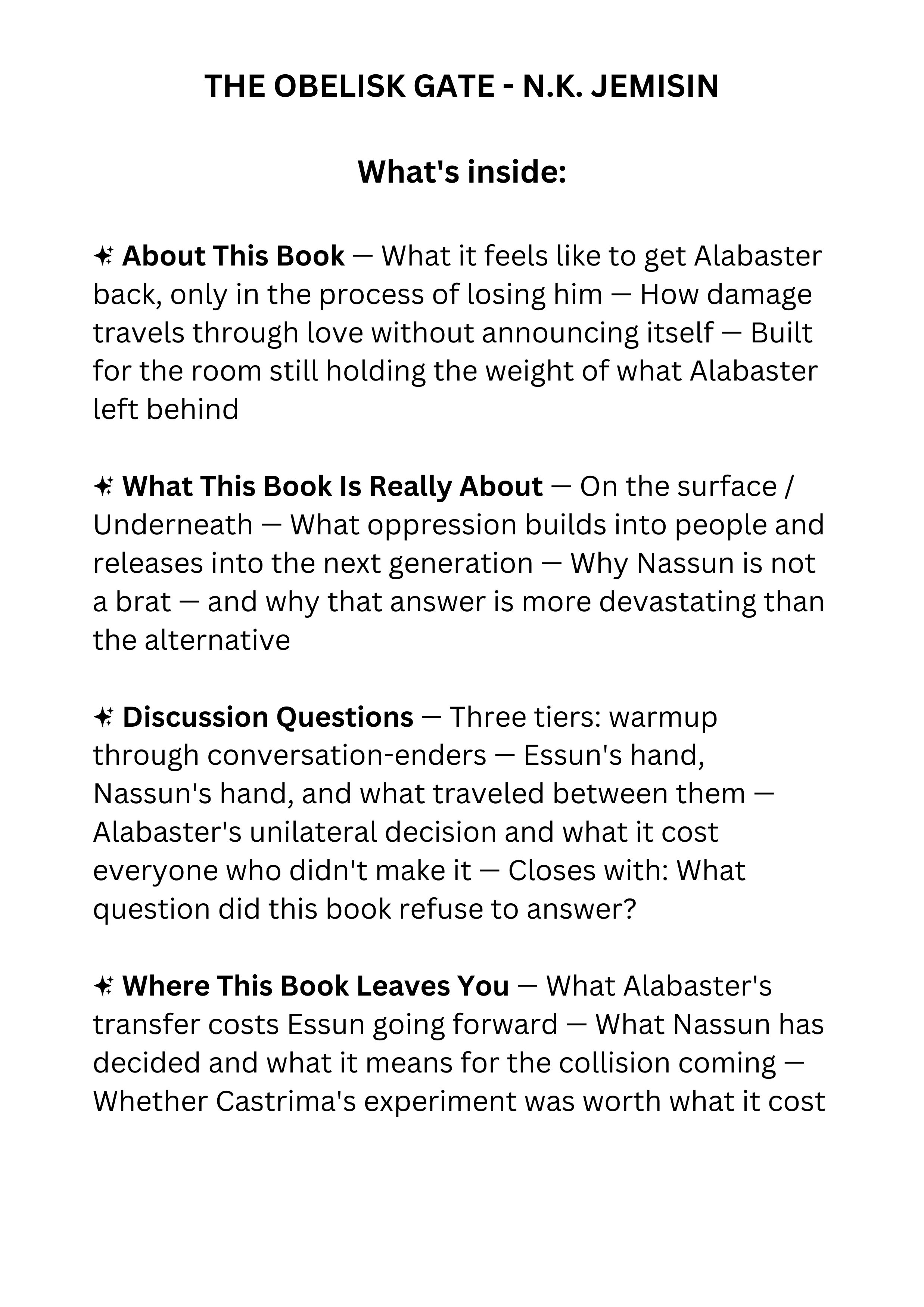 The Obelisk Gate book club discussion guide for speculative fiction readers and deep discussion