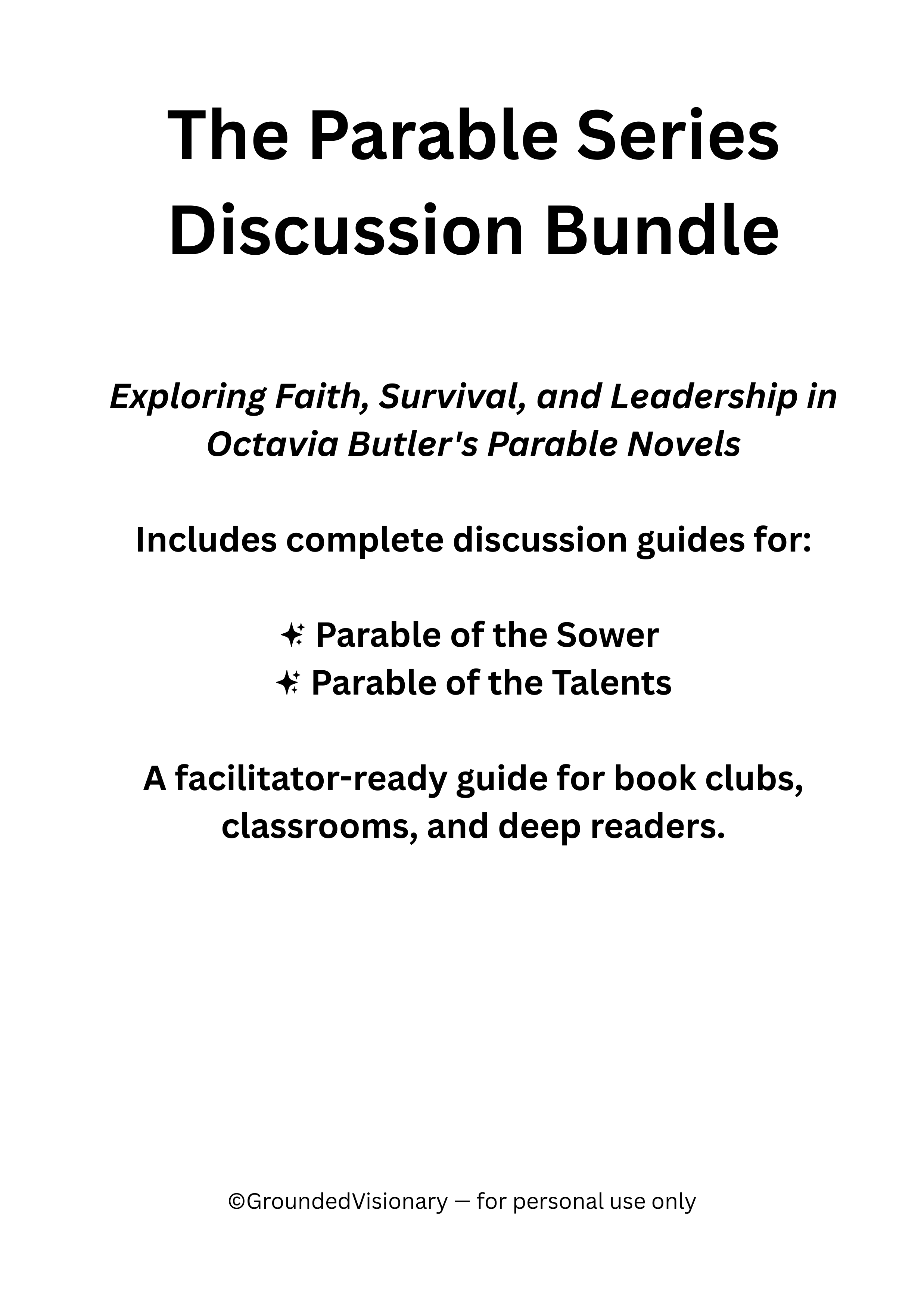 Parable Series bundle discussion kit for Octavia Butler’s Parable of the Sower and Parable of the Talents