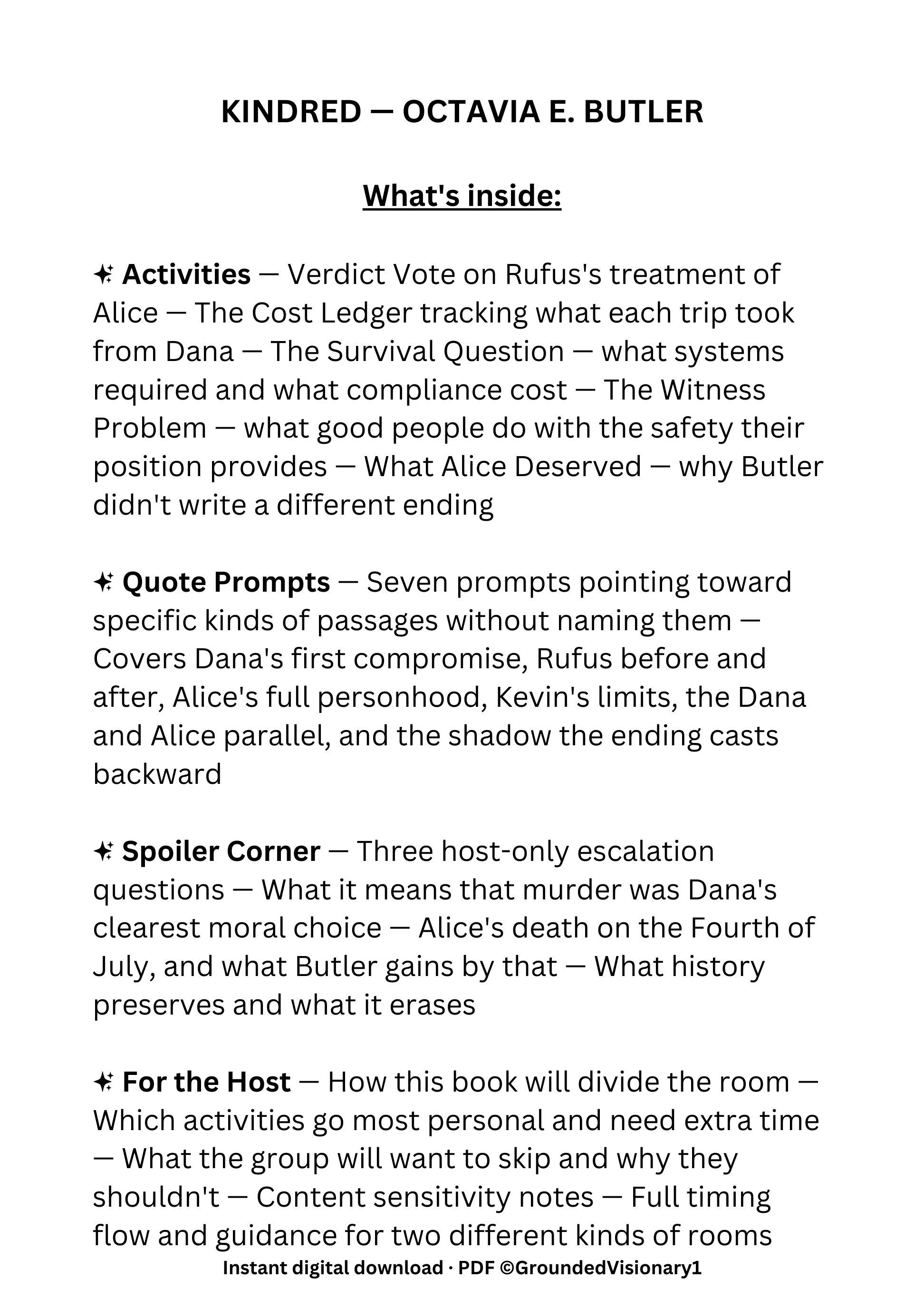 Kindred by Octavia Butler discussion guide for book clubs, classrooms, and speculative fiction readers