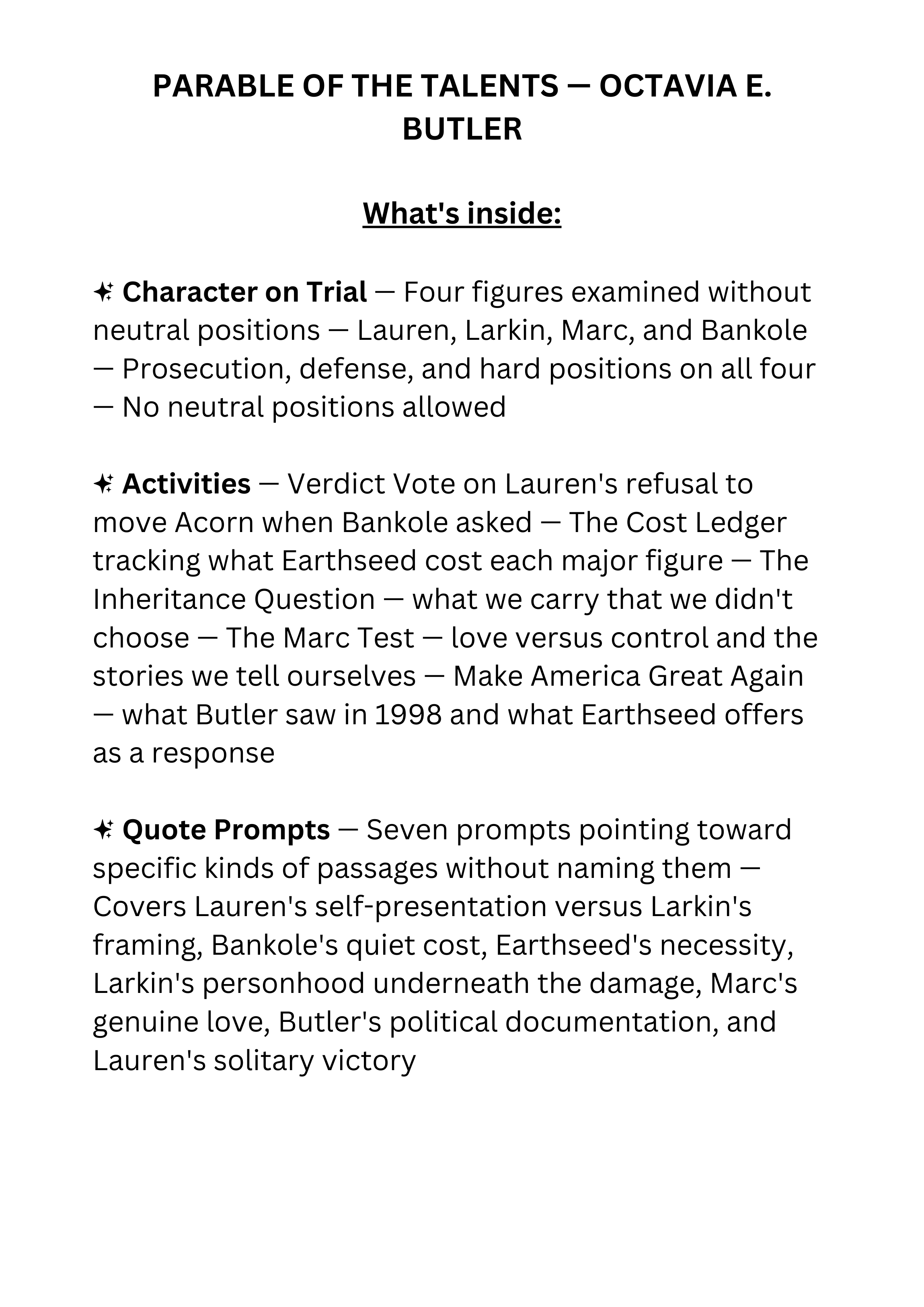 Parable of the Talents book club discussion guide for dystopian fiction readers and book clubs