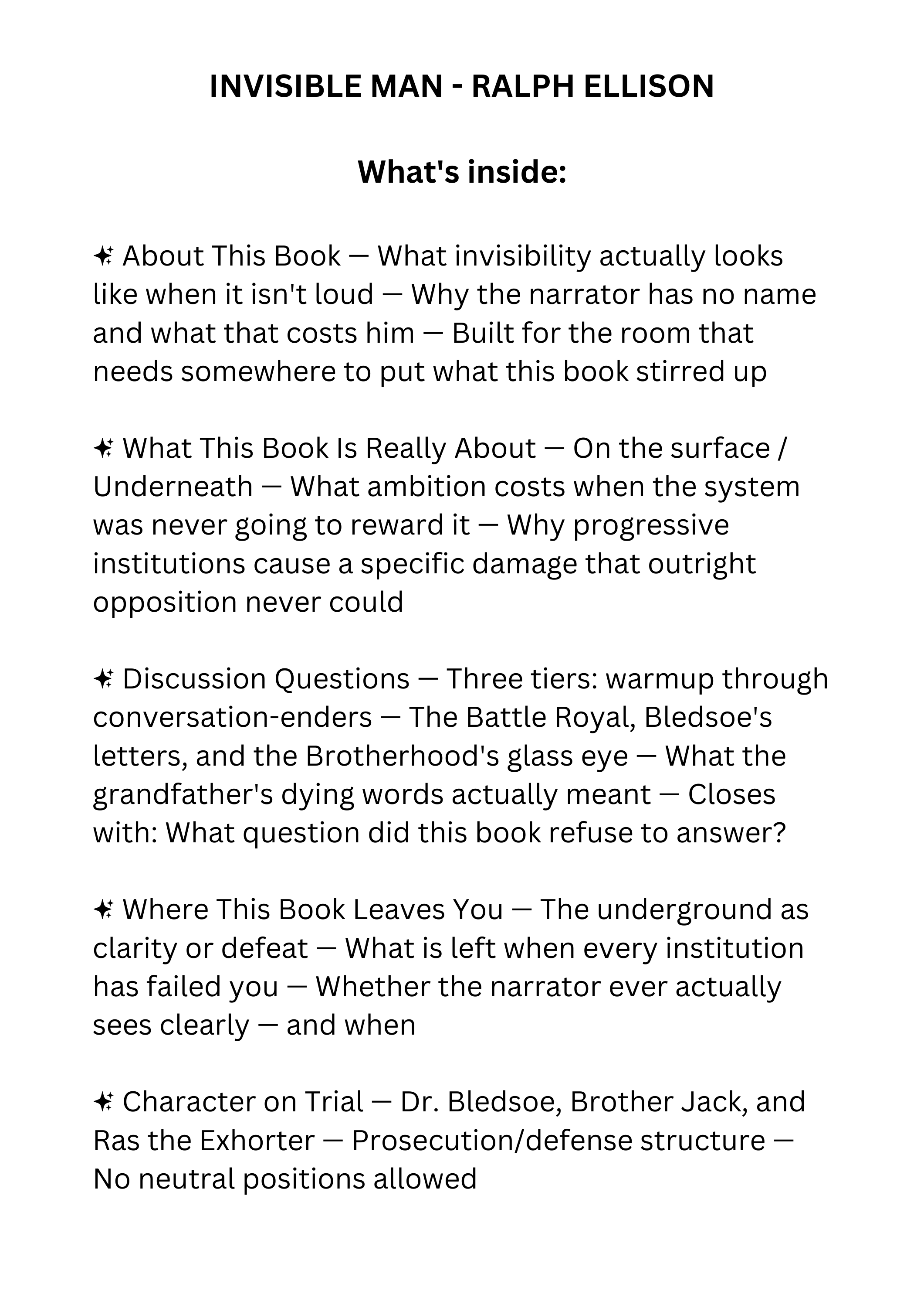 Invisible Man by Ralph Ellison discussion guide for book clubs, classrooms, and literary fiction readers
