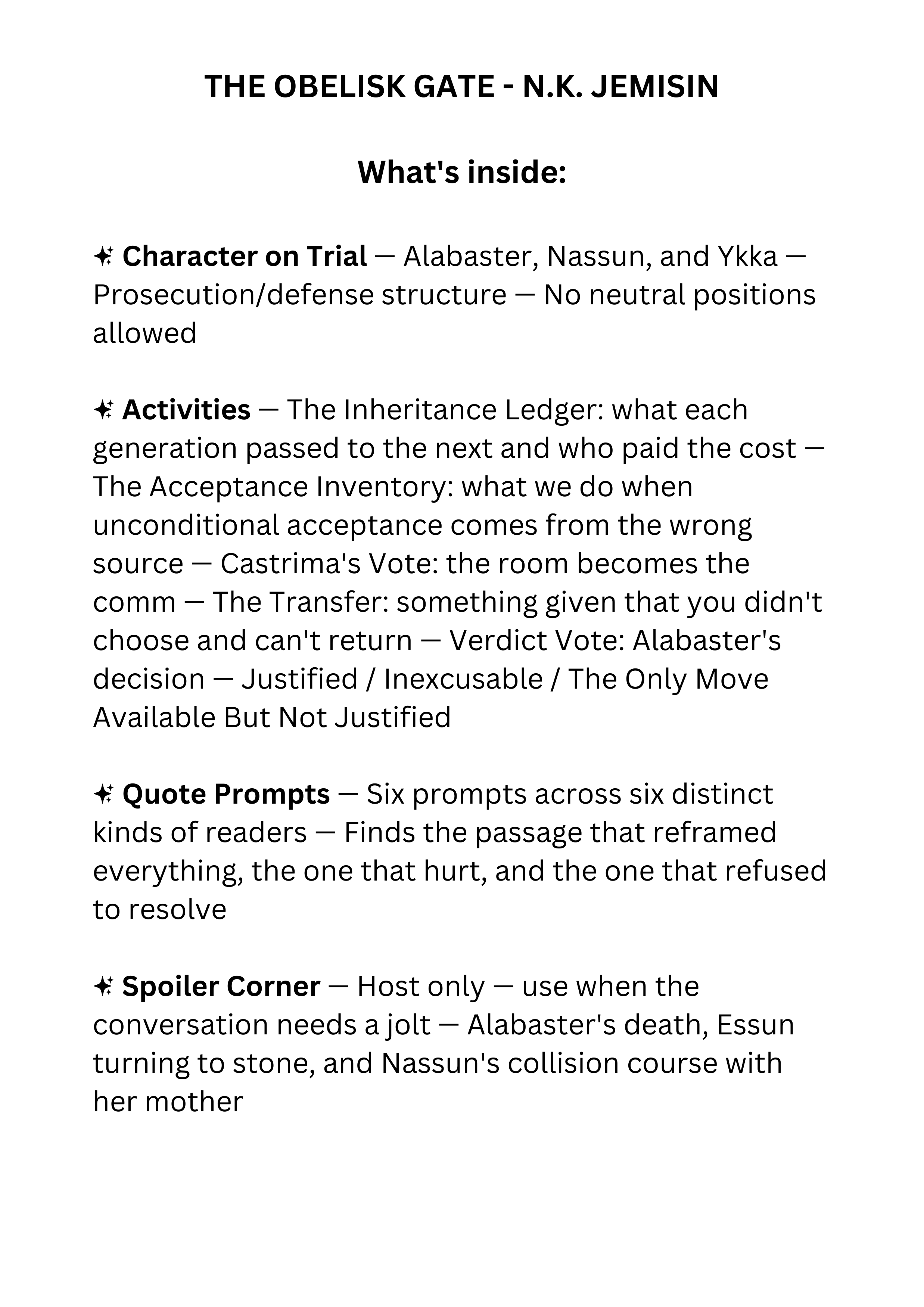 The Obelisk Gate book club discussion guide for speculative fiction readers and deep discussion